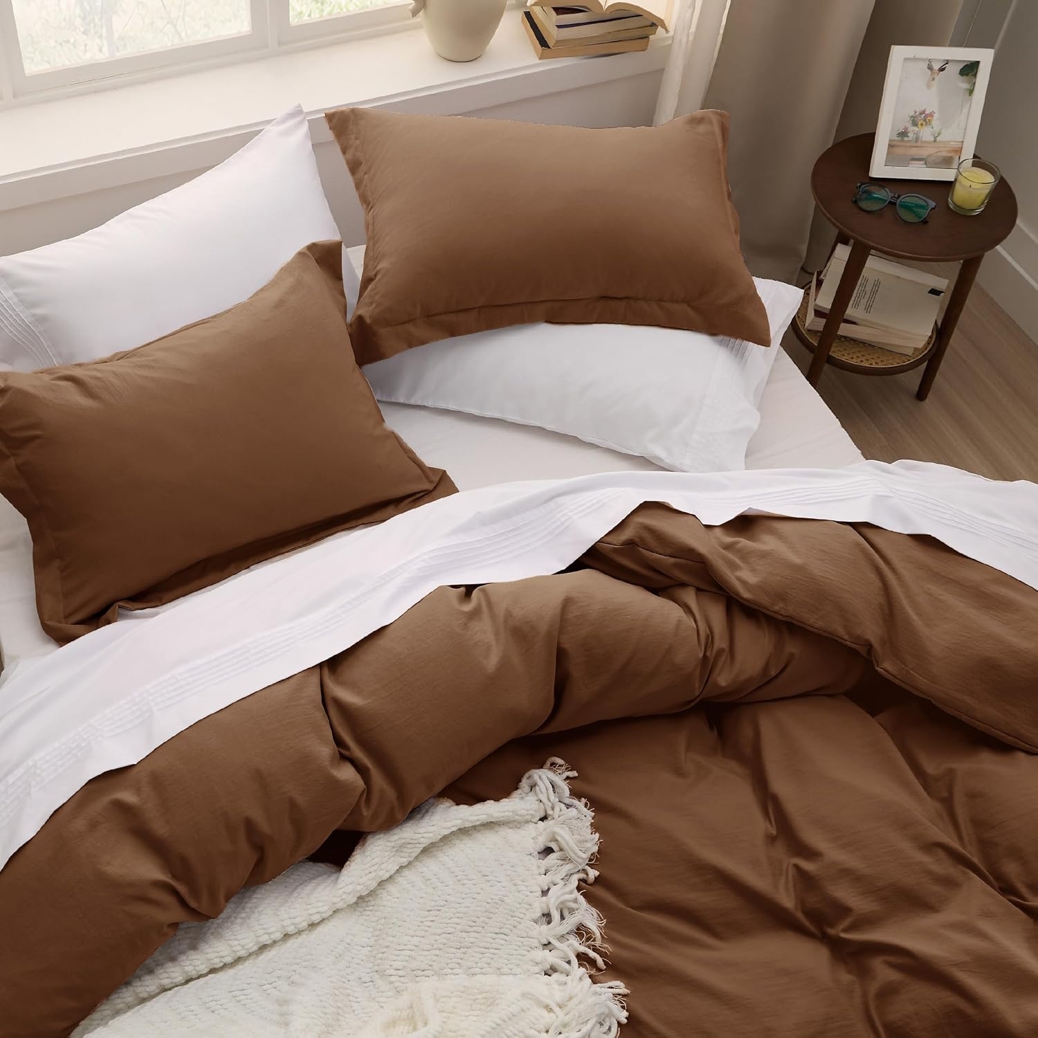 image:imageBedsure White Duvet Cover Queen Size 3 Pieces Prewashed CottonLike Polyester Extra Soft Bedding Set Includes 1 Duvet Cover 90x90 Inches with Zipper Closure amp 2 Pillow Shams Comforter Not Included19 Chocolate Brown No Comforter