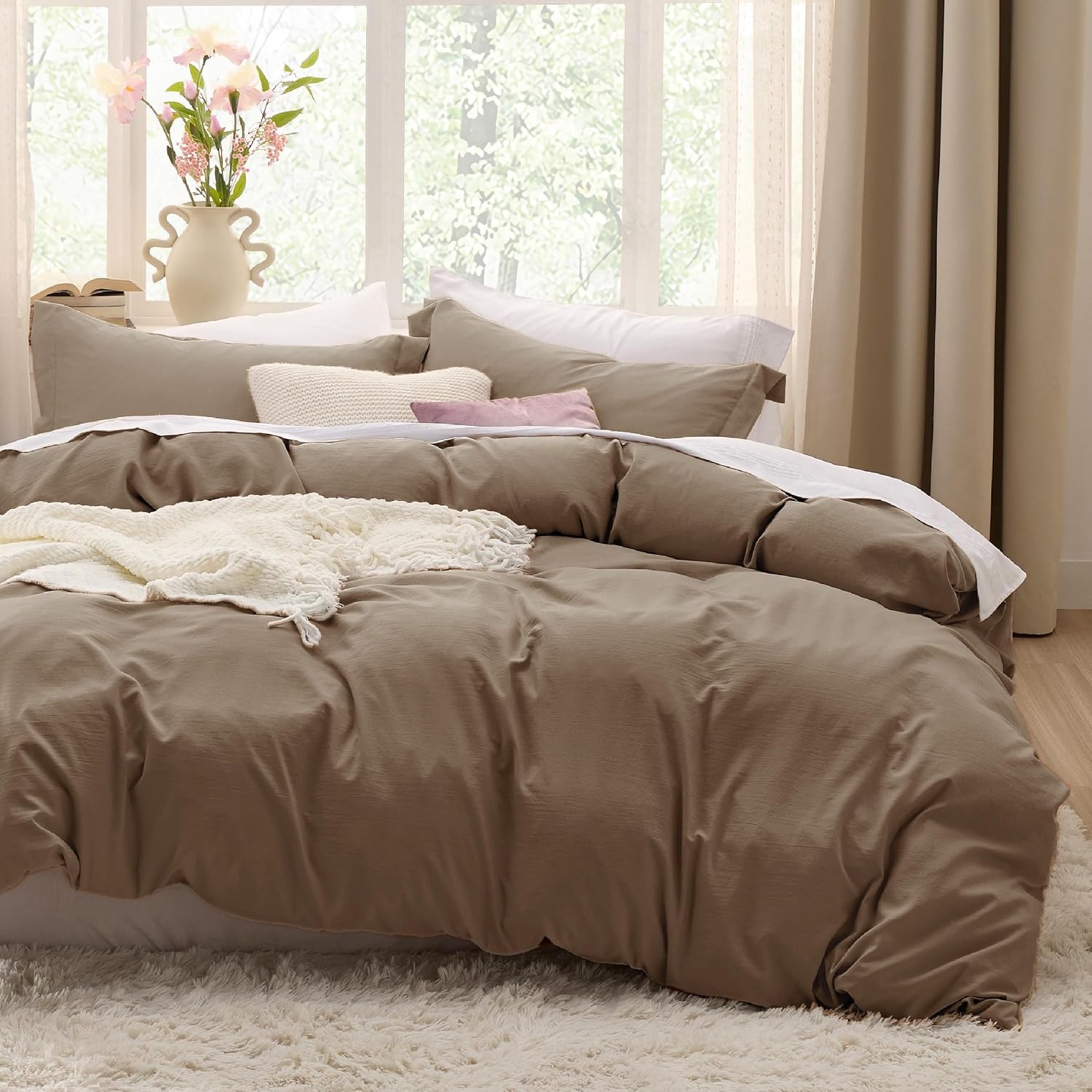image:imageBedsure White Duvet Cover Queen Size 3 Pieces Prewashed CottonLike Polyester Extra Soft Bedding Set Includes 1 Duvet Cover 90x90 Inches with Zipper Closure amp 2 Pillow Shams Comforter Not Included02 Brown No Comforter