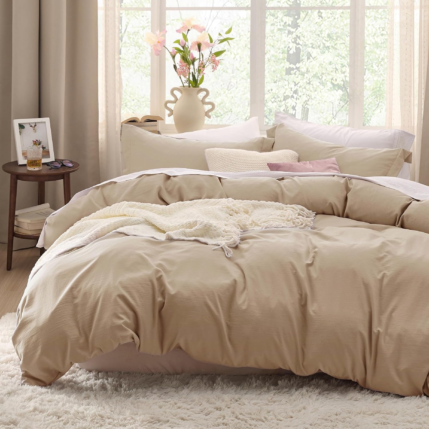 image:imageBedsure White Duvet Cover Queen Size 3 Pieces Prewashed CottonLike Polyester Extra Soft Bedding Set Includes 1 Duvet Cover 90x90 Inches with Zipper Closure amp 2 Pillow Shams Comforter Not Included02 Light Brown No Comforter