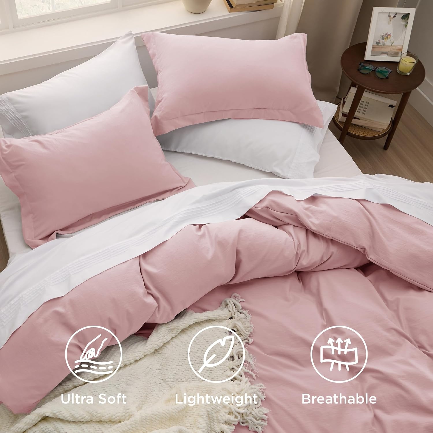 image:imageBedsure White Duvet Cover Queen Size 3 Pieces Prewashed CottonLike Polyester Extra Soft Bedding Set Includes 1 Duvet Cover 90x90 Inches with Zipper Closure amp 2 Pillow Shams Comforter Not Included09 Pink No Comforter
