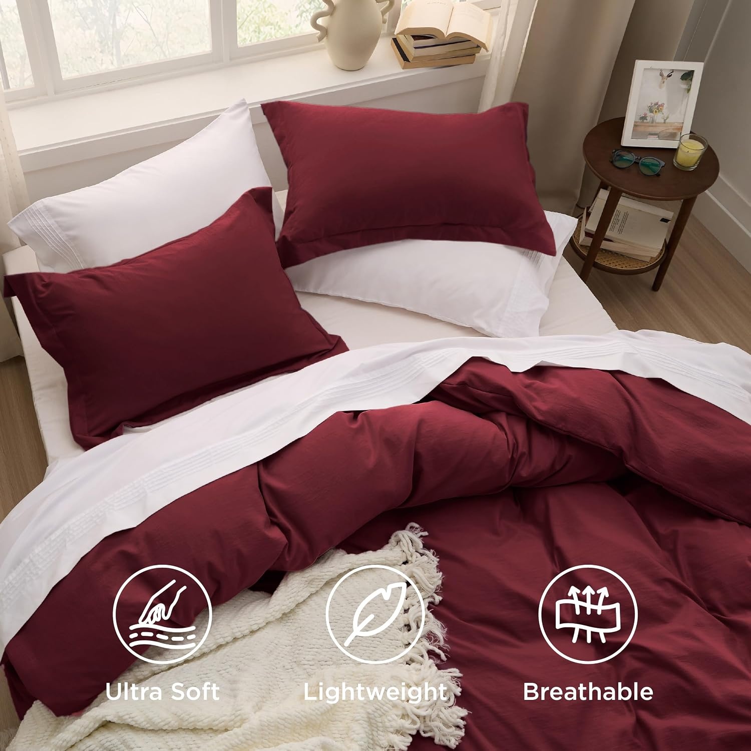 image:imageBedsure White Duvet Cover Queen Size 3 Pieces Prewashed CottonLike Polyester Extra Soft Bedding Set Includes 1 Duvet Cover 90x90 Inches with Zipper Closure amp 2 Pillow Shams Comforter Not Included10 Burgundy No Comforter