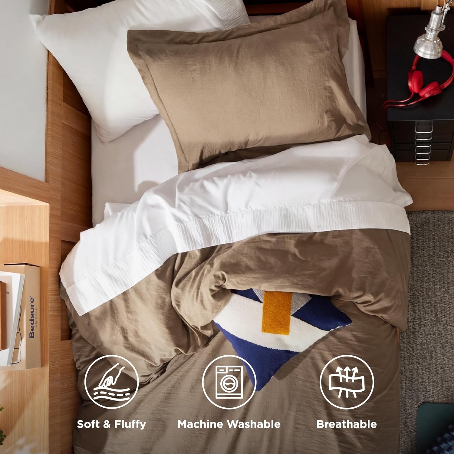 image:imageBedsure White Duvet Cover Queen Size 3 Pieces Prewashed CottonLike Polyester Extra Soft Bedding Set Includes 1 Duvet Cover 90x90 Inches with Zipper Closure amp 2 Pillow Shams Comforter Not Included02 Brown No Comforter