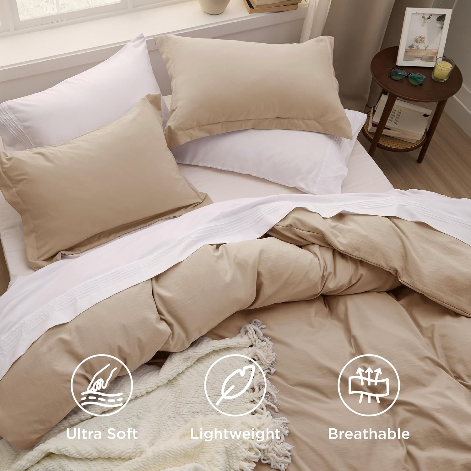 image:imageBedsure White Duvet Cover Queen Size 3 Pieces Prewashed CottonLike Polyester Extra Soft Bedding Set Includes 1 Duvet Cover 90x90 Inches with Zipper Closure amp 2 Pillow Shams Comforter Not Included02 Light Brown No Comforter