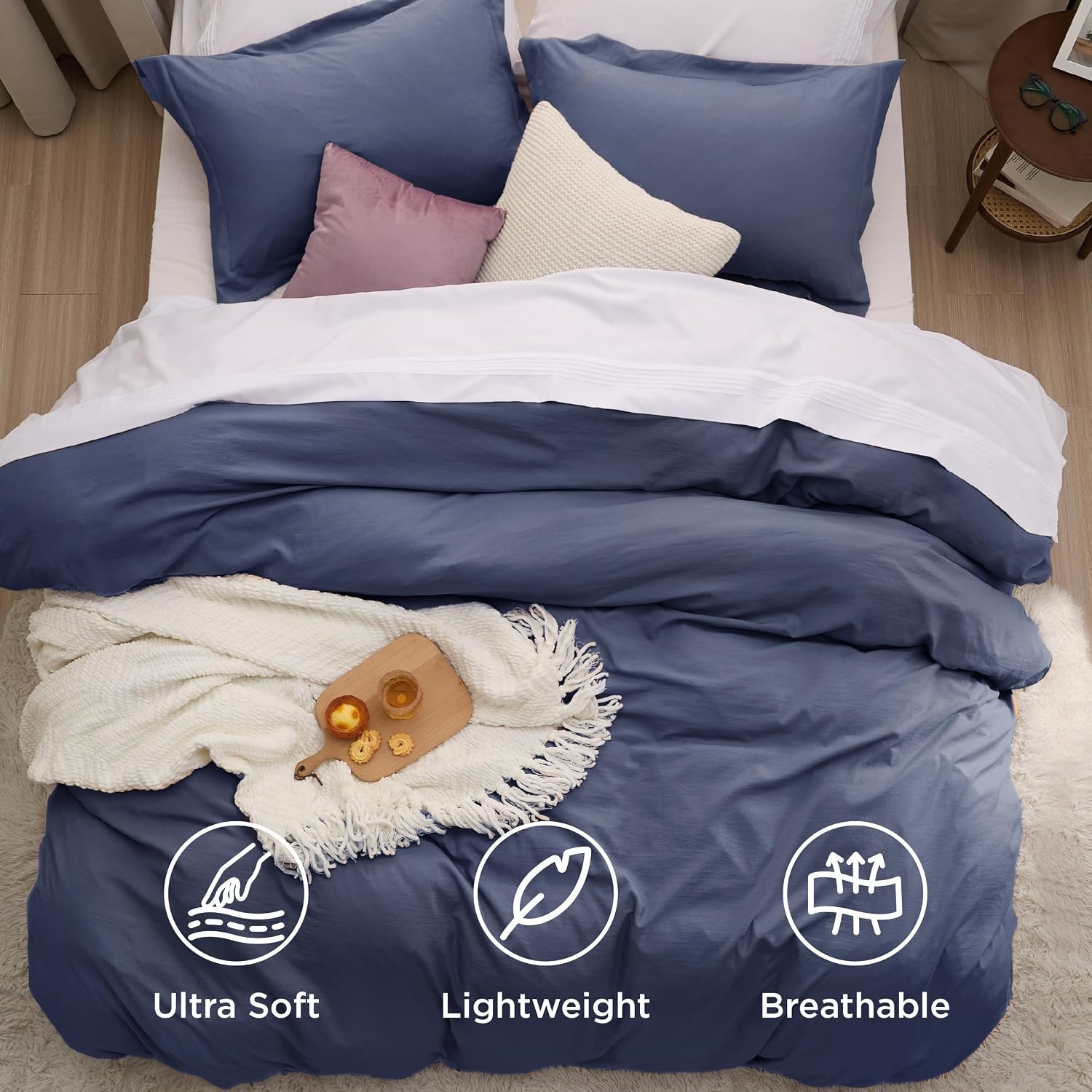 image:imageBedsure White Duvet Cover Queen Size 3 Pieces Prewashed CottonLike Polyester Extra Soft Bedding Set Includes 1 Duvet Cover 90x90 Inches with Zipper Closure amp 2 Pillow Shams Comforter Not Included05 Navy No Comforter