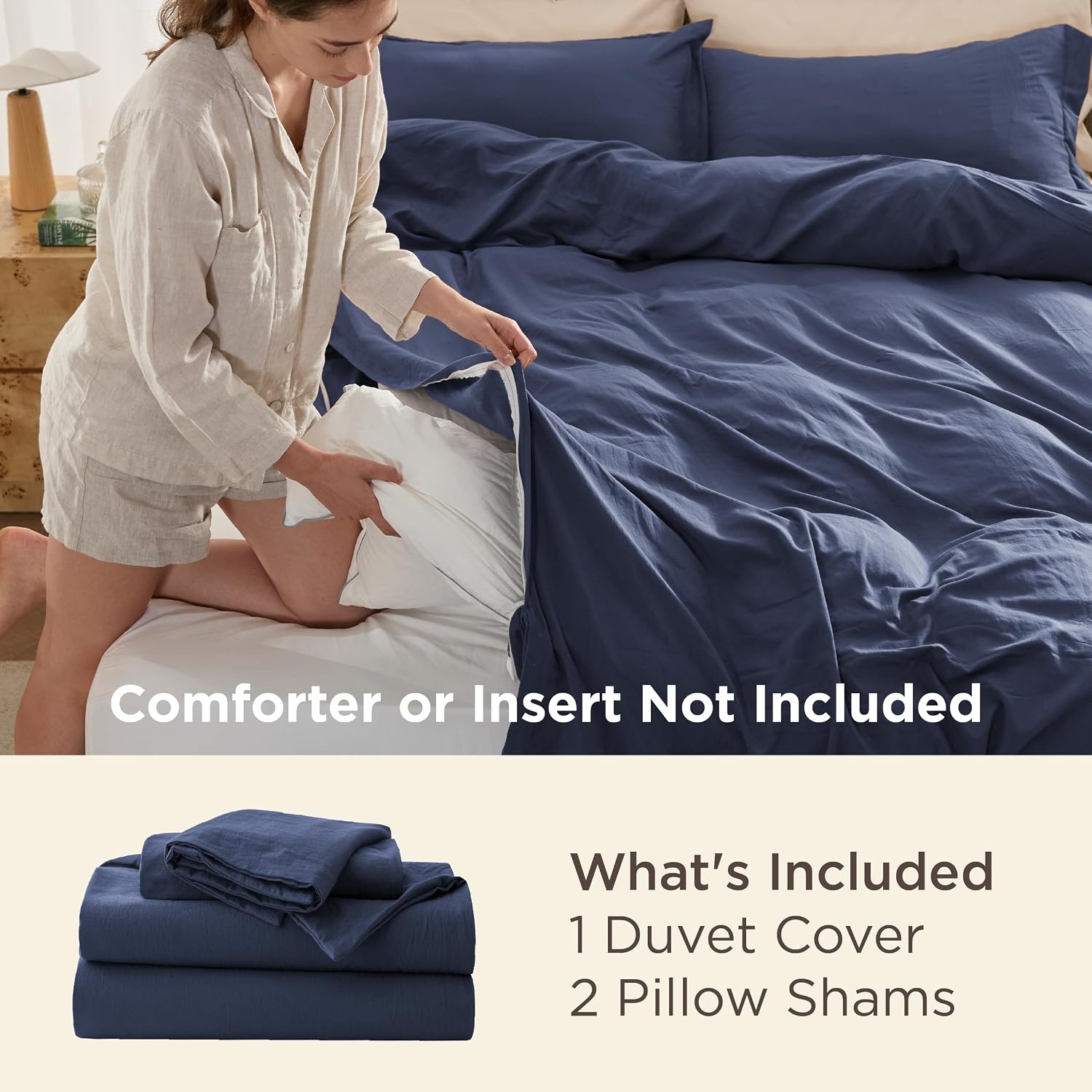 image:imageBedsure White Duvet Cover Queen Size 3 Pieces Prewashed CottonLike Polyester Extra Soft Bedding Set Includes 1 Duvet Cover 90x90 Inches with Zipper Closure amp 2 Pillow Shams Comforter Not Included05 Navy No Comforter