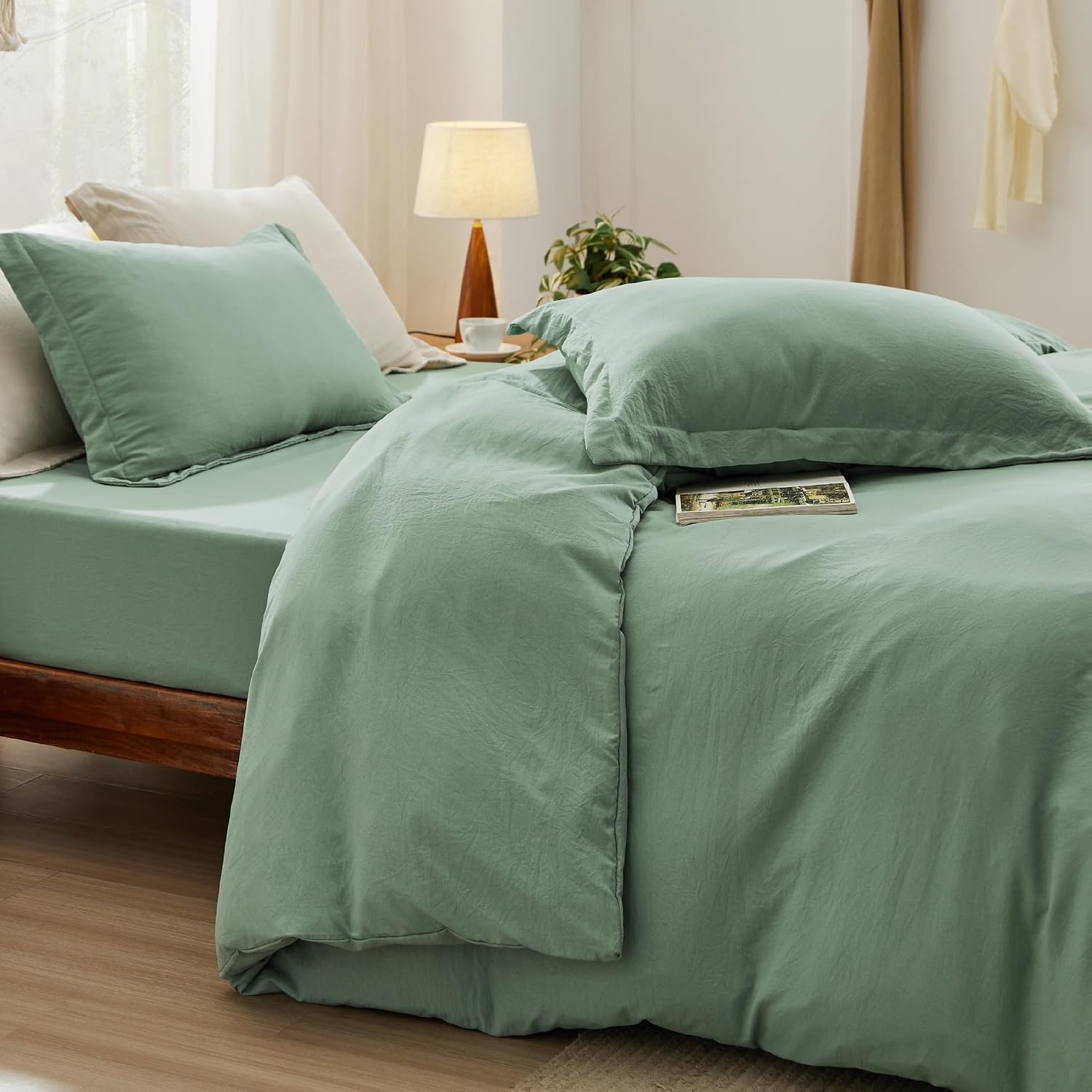 image:imageBedsure White Duvet Cover Queen Size 3 Pieces Prewashed CottonLike Polyester Extra Soft Bedding Set Includes 1 Duvet Cover 90x90 Inches with Zipper Closure amp 2 Pillow Shams Comforter Not Included03 Sage Green No Comforter