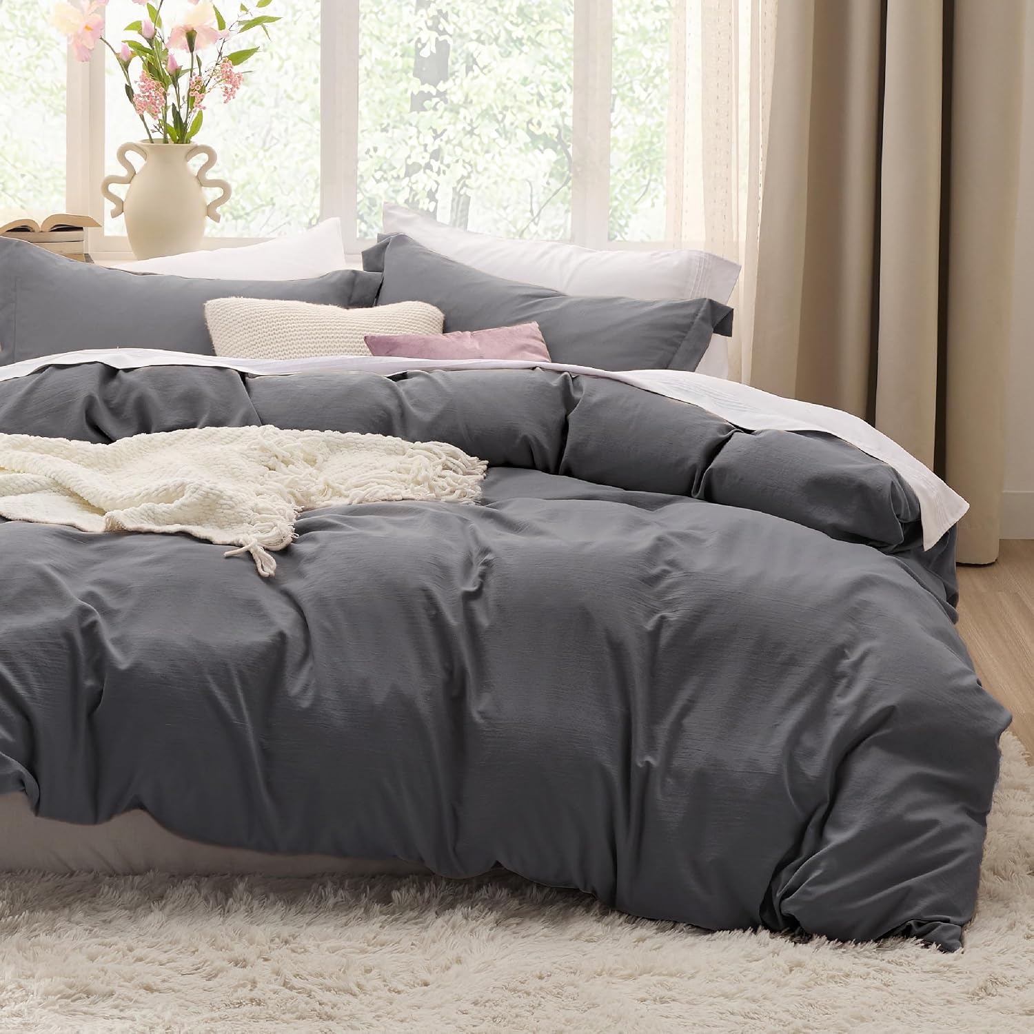 image:imageBedsure White Duvet Cover Queen Size 3 Pieces Prewashed CottonLike Polyester Extra Soft Bedding Set Includes 1 Duvet Cover 90x90 Inches with Zipper Closure amp 2 Pillow Shams Comforter Not Included04 Dark Grey No Comforter