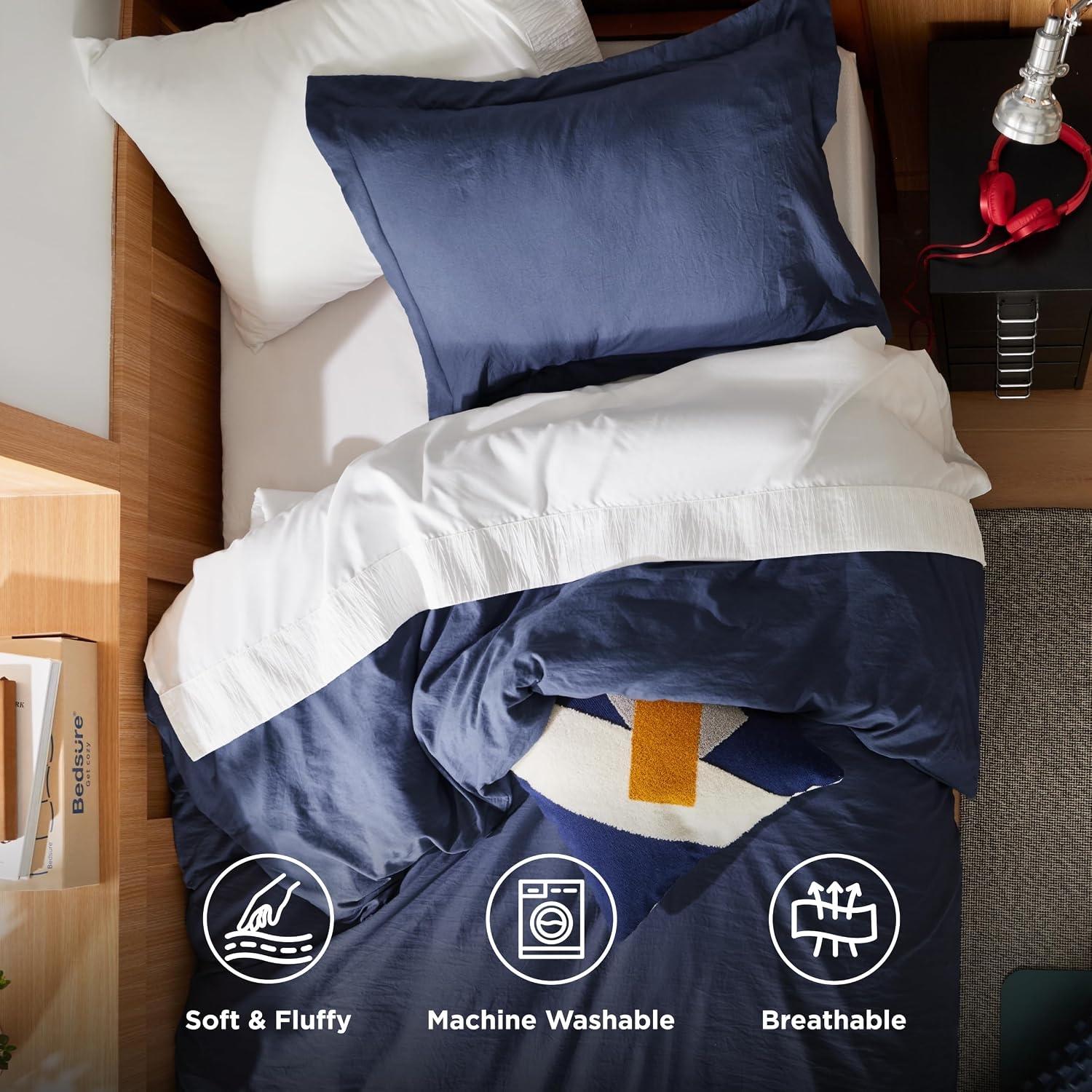 image:imageBedsure White Duvet Cover Queen Size 3 Pieces Prewashed CottonLike Polyester Extra Soft Bedding Set Includes 1 Duvet Cover 90x90 Inches with Zipper Closure amp 2 Pillow Shams Comforter Not Included05 Navy No Comforter