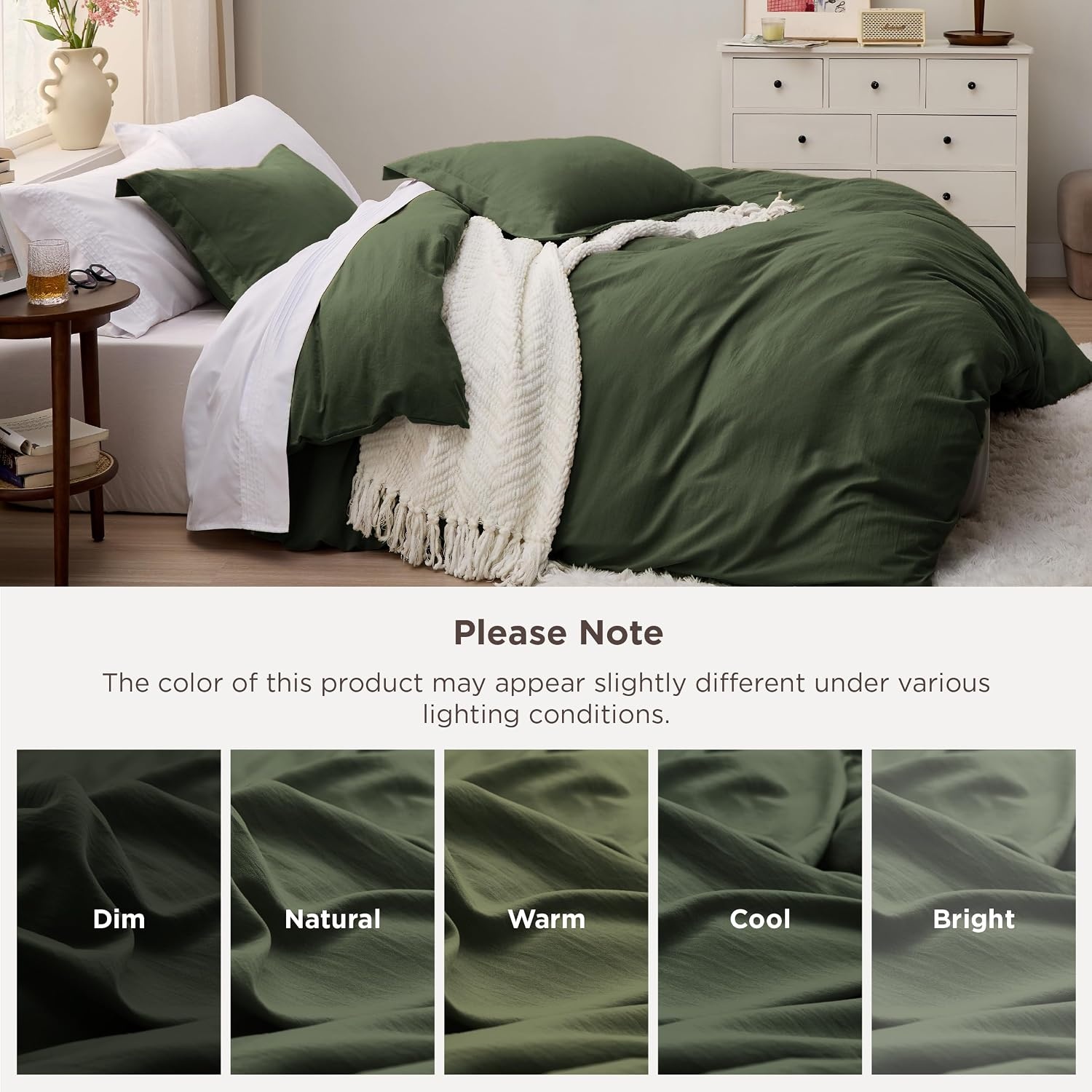 image:imageBedsure White Duvet Cover Queen Size 3 Pieces Prewashed CottonLike Polyester Extra Soft Bedding Set Includes 1 Duvet Cover 90x90 Inches with Zipper Closure amp 2 Pillow Shams Comforter Not Included03 Olive Green No Comforter