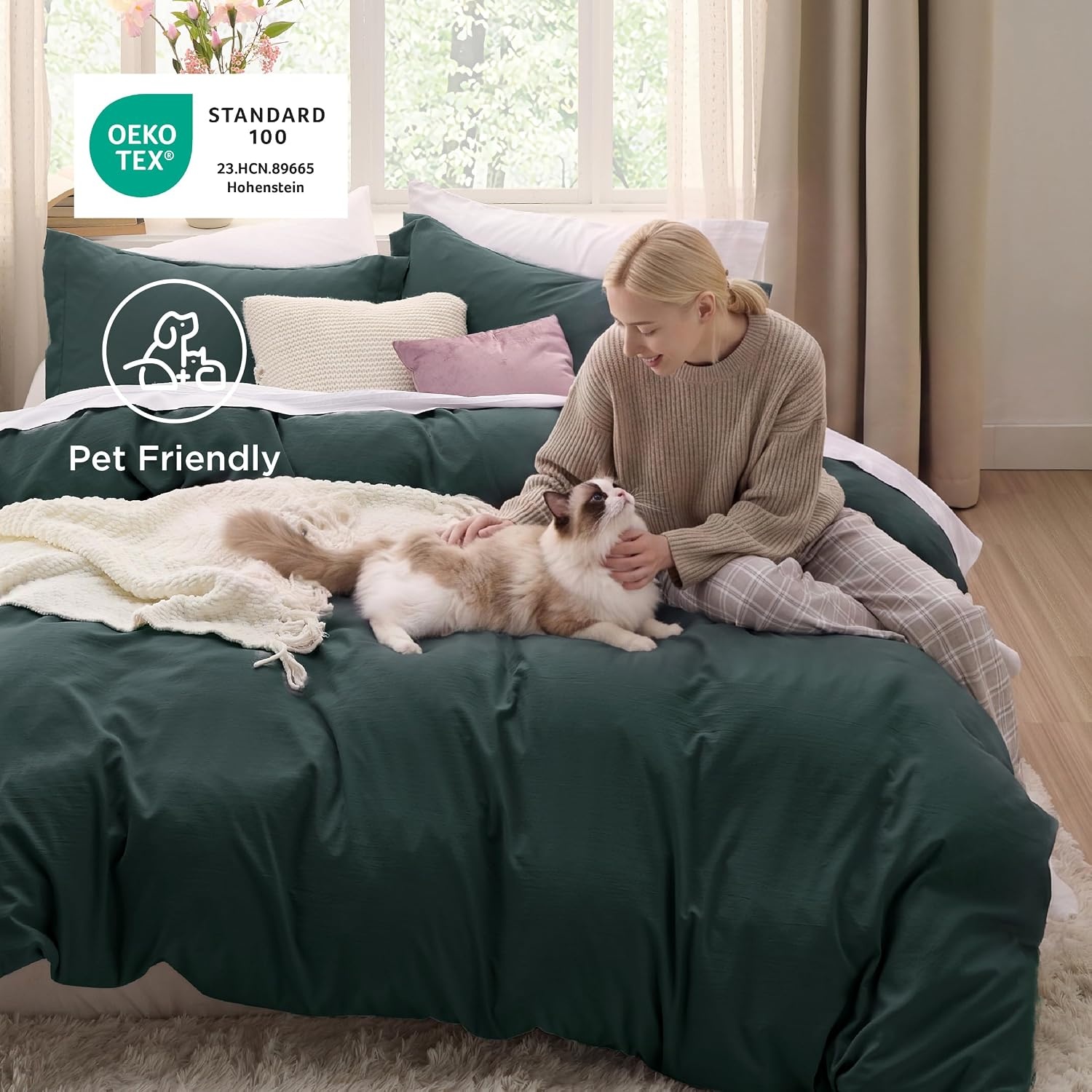 image:imageBedsure White Duvet Cover Queen Size 3 Pieces Prewashed CottonLike Polyester Extra Soft Bedding Set Includes 1 Duvet Cover 90x90 Inches with Zipper Closure amp 2 Pillow Shams Comforter Not Included01 Forest Green No Comforter