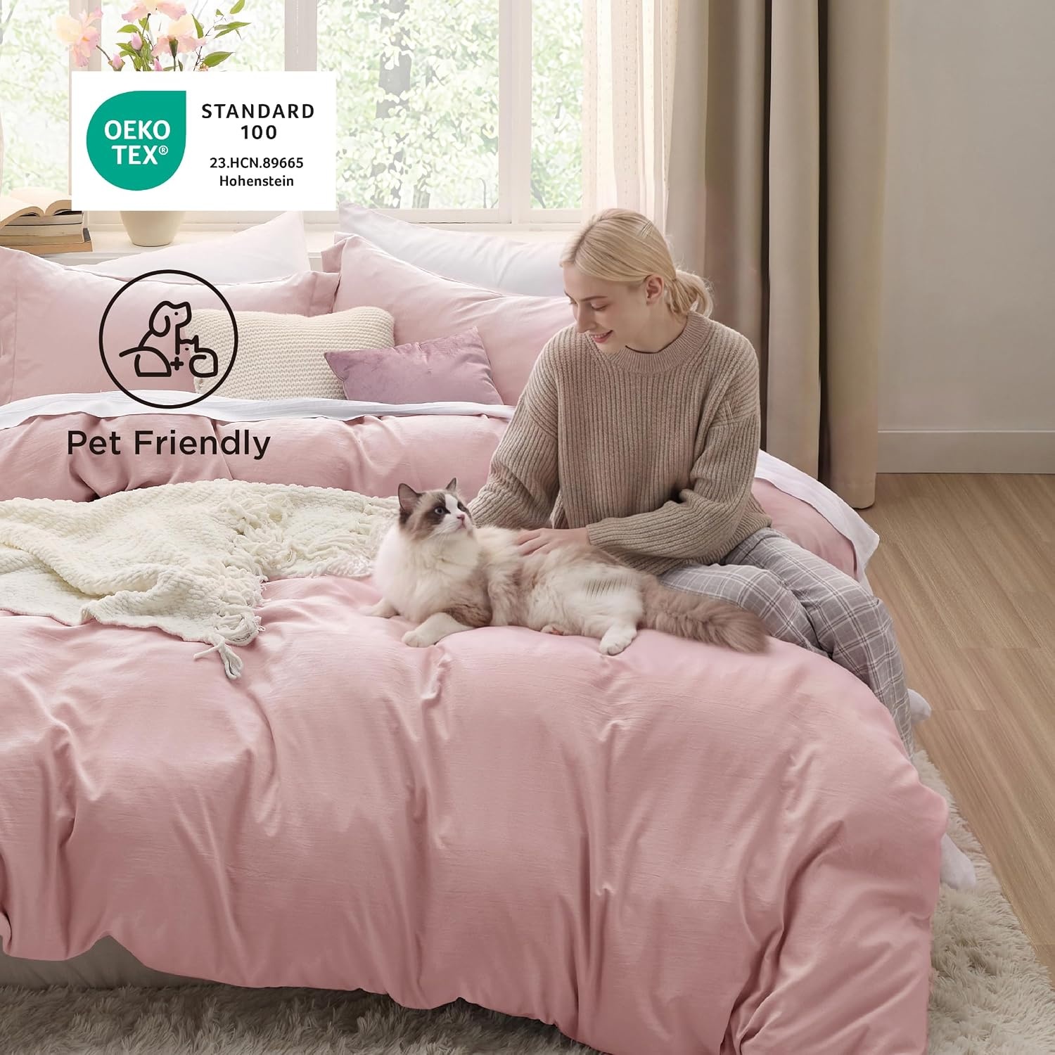 image:imageBedsure White Duvet Cover Queen Size 3 Pieces Prewashed CottonLike Polyester Extra Soft Bedding Set Includes 1 Duvet Cover 90x90 Inches with Zipper Closure amp 2 Pillow Shams Comforter Not Included09 Pink No Comforter
