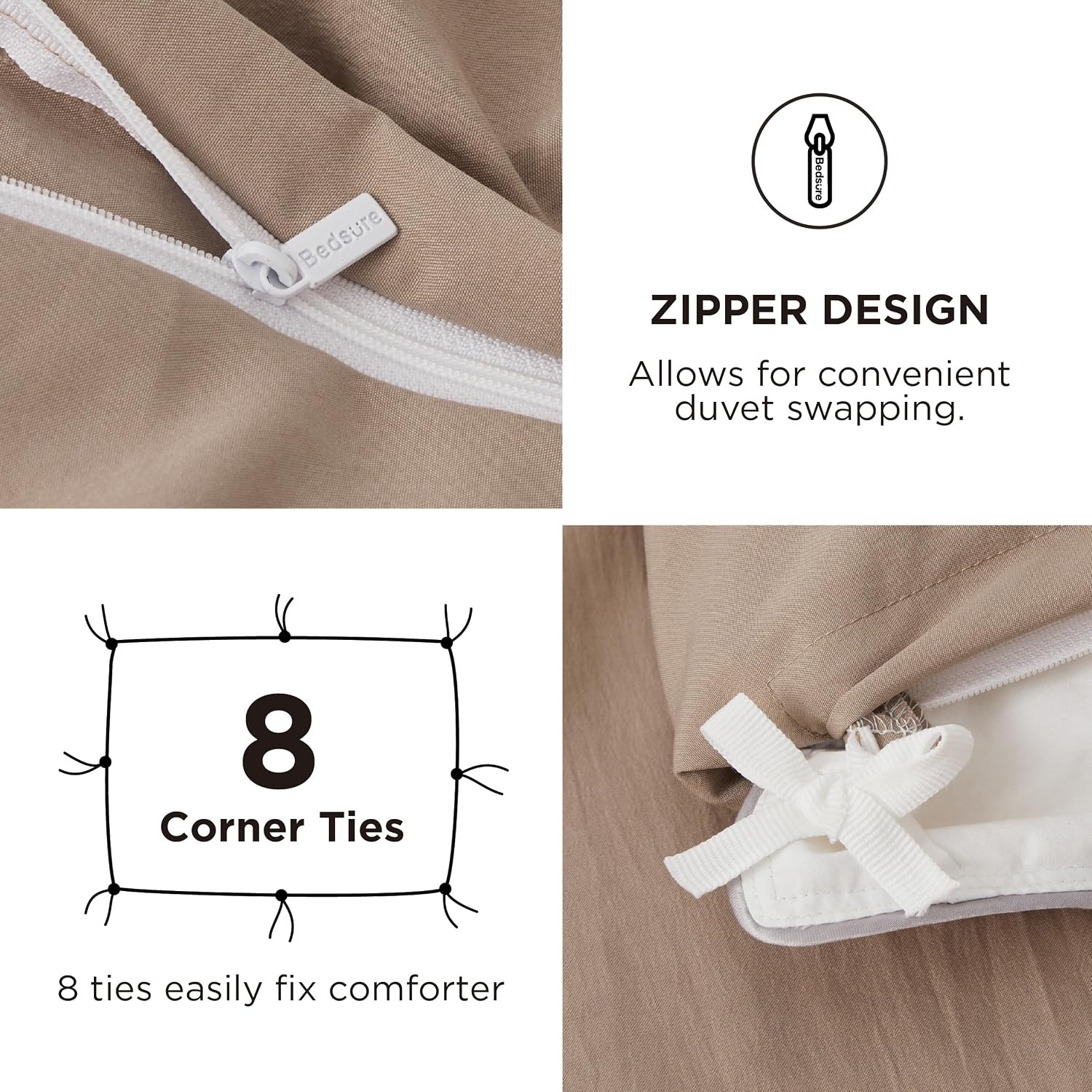 image:imageBedsure White Duvet Cover Queen Size 3 Pieces Prewashed CottonLike Polyester Extra Soft Bedding Set Includes 1 Duvet Cover 90x90 Inches with Zipper Closure amp 2 Pillow Shams Comforter Not Included02 Light Brown No Comforter