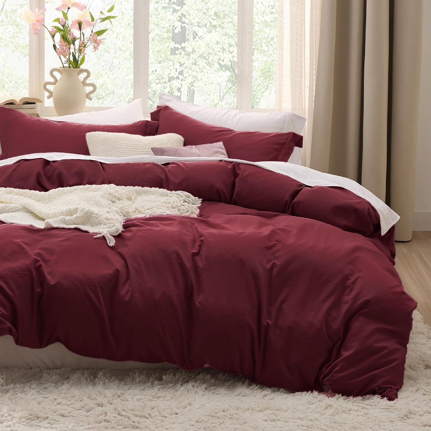 image:imageBedsure White Duvet Cover Queen Size 3 Pieces Prewashed CottonLike Polyester Extra Soft Bedding Set Includes 1 Duvet Cover 90x90 Inches with Zipper Closure amp 2 Pillow Shams Comforter Not Included10 Burgundy No Comforter