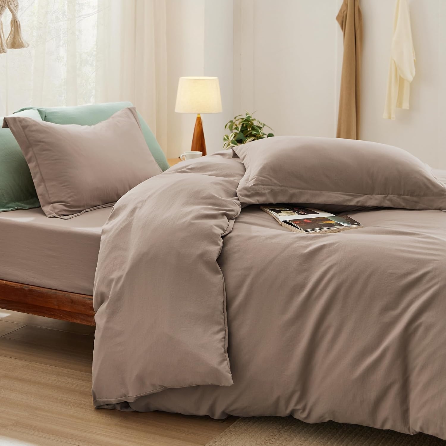image:imageBedsure White Duvet Cover Queen Size 3 Pieces Prewashed CottonLike Polyester Extra Soft Bedding Set Includes 1 Duvet Cover 90x90 Inches with Zipper Closure amp 2 Pillow Shams Comforter Not Included02 Khaki No Comforter
