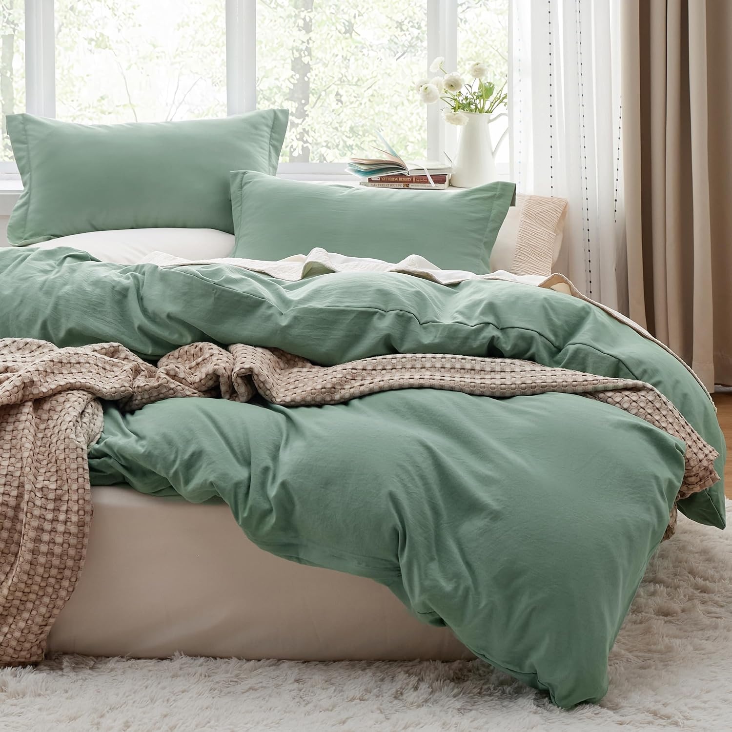 image:imageBedsure White Duvet Cover Queen Size 3 Pieces Prewashed CottonLike Polyester Extra Soft Bedding Set Includes 1 Duvet Cover 90x90 Inches with Zipper Closure amp 2 Pillow Shams Comforter Not Included03 Sage Green No Comforter