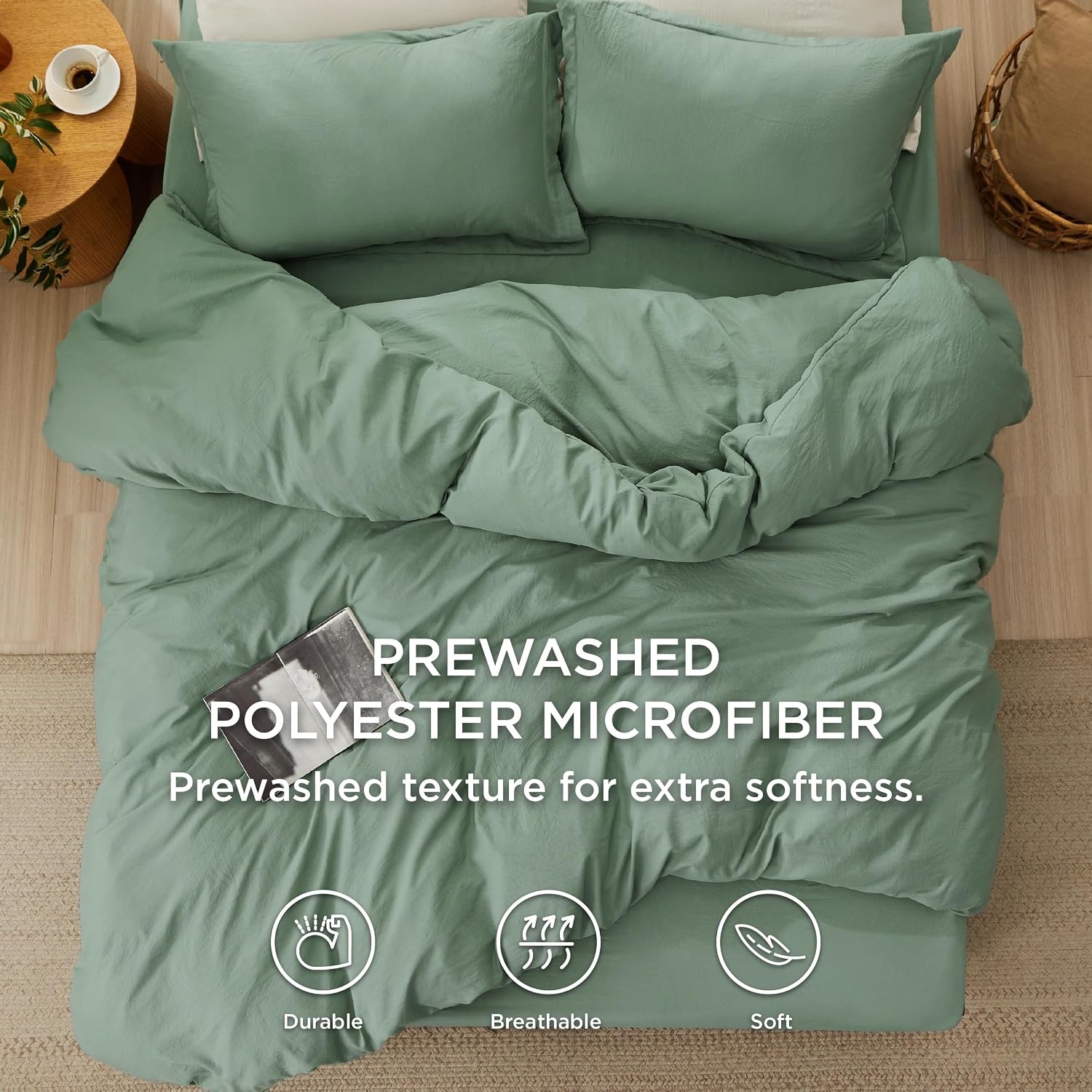 image:imageBedsure White Duvet Cover Queen Size 3 Pieces Prewashed CottonLike Polyester Extra Soft Bedding Set Includes 1 Duvet Cover 90x90 Inches with Zipper Closure amp 2 Pillow Shams Comforter Not Included03 Sage Green No Comforter