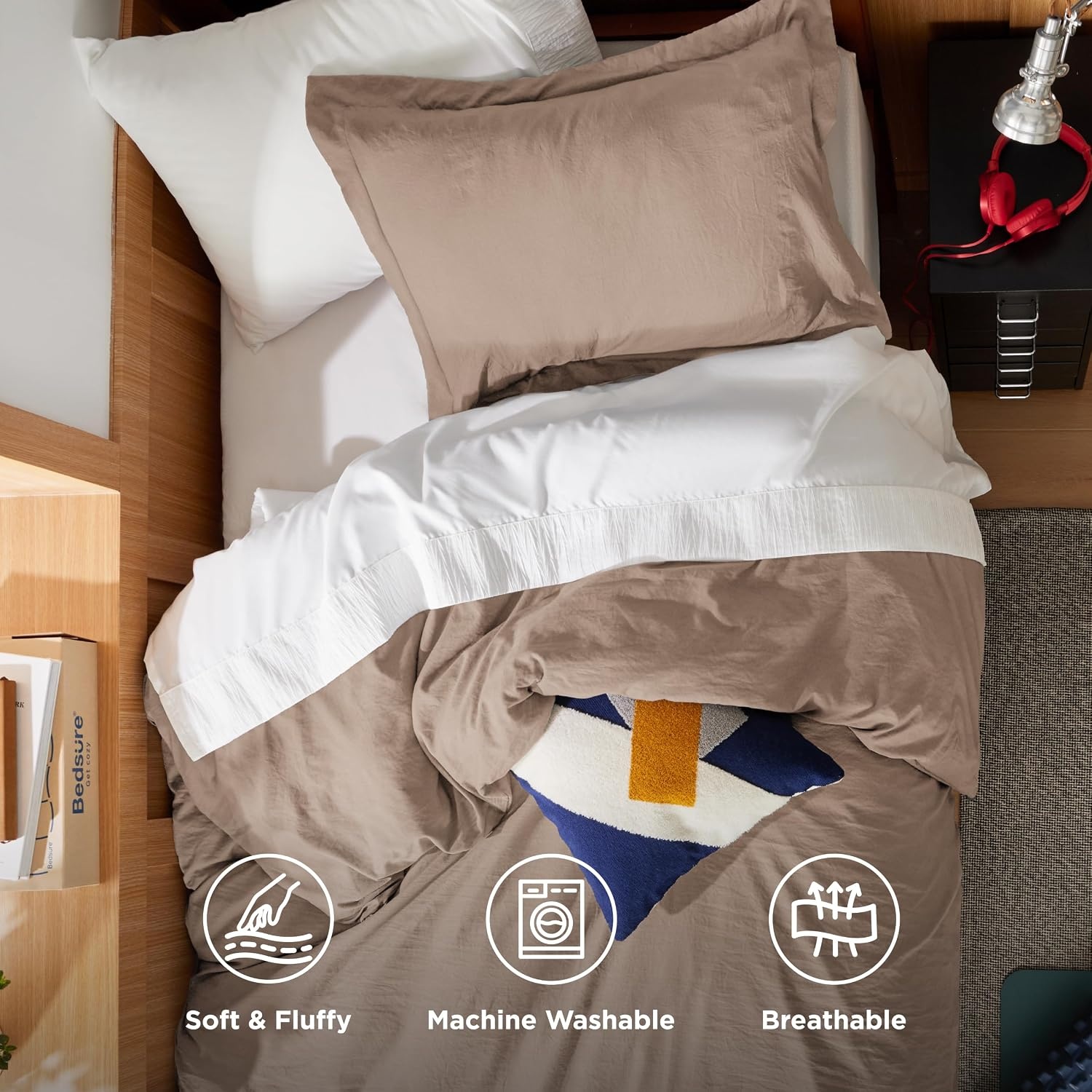image:imageBedsure White Duvet Cover Queen Size 3 Pieces Prewashed CottonLike Polyester Extra Soft Bedding Set Includes 1 Duvet Cover 90x90 Inches with Zipper Closure amp 2 Pillow Shams Comforter Not Included02 Khaki No Comforter