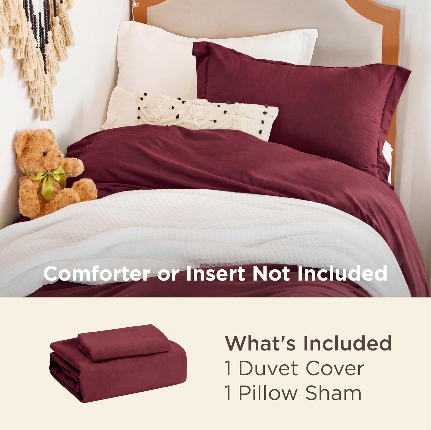 image:imageBedsure White Duvet Cover Queen Size 3 Pieces Prewashed CottonLike Polyester Extra Soft Bedding Set Includes 1 Duvet Cover 90x90 Inches with Zipper Closure amp 2 Pillow Shams Comforter Not Included10 Burgundy No Comforter