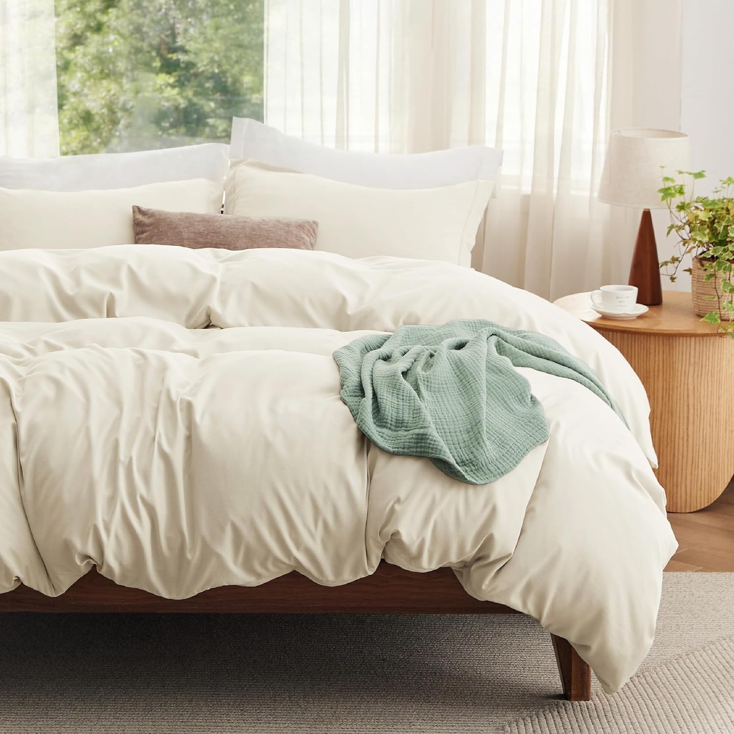 image:imageBedsure White Duvet Cover Queen Size 3 Pieces Prewashed CottonLike Polyester Extra Soft Bedding Set Includes 1 Duvet Cover 90x90 Inches with Zipper Closure amp 2 Pillow Shams Comforter Not Included02 Cream No Comforter