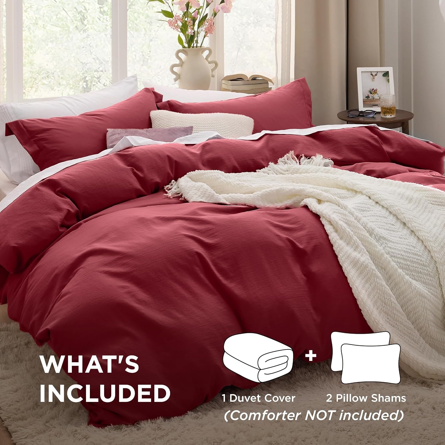 image:imageBedsure White Duvet Cover Queen Size 3 Pieces Prewashed CottonLike Polyester Extra Soft Bedding Set Includes 1 Duvet Cover 90x90 Inches with Zipper Closure amp 2 Pillow Shams Comforter Not Included22 Red No Comforter