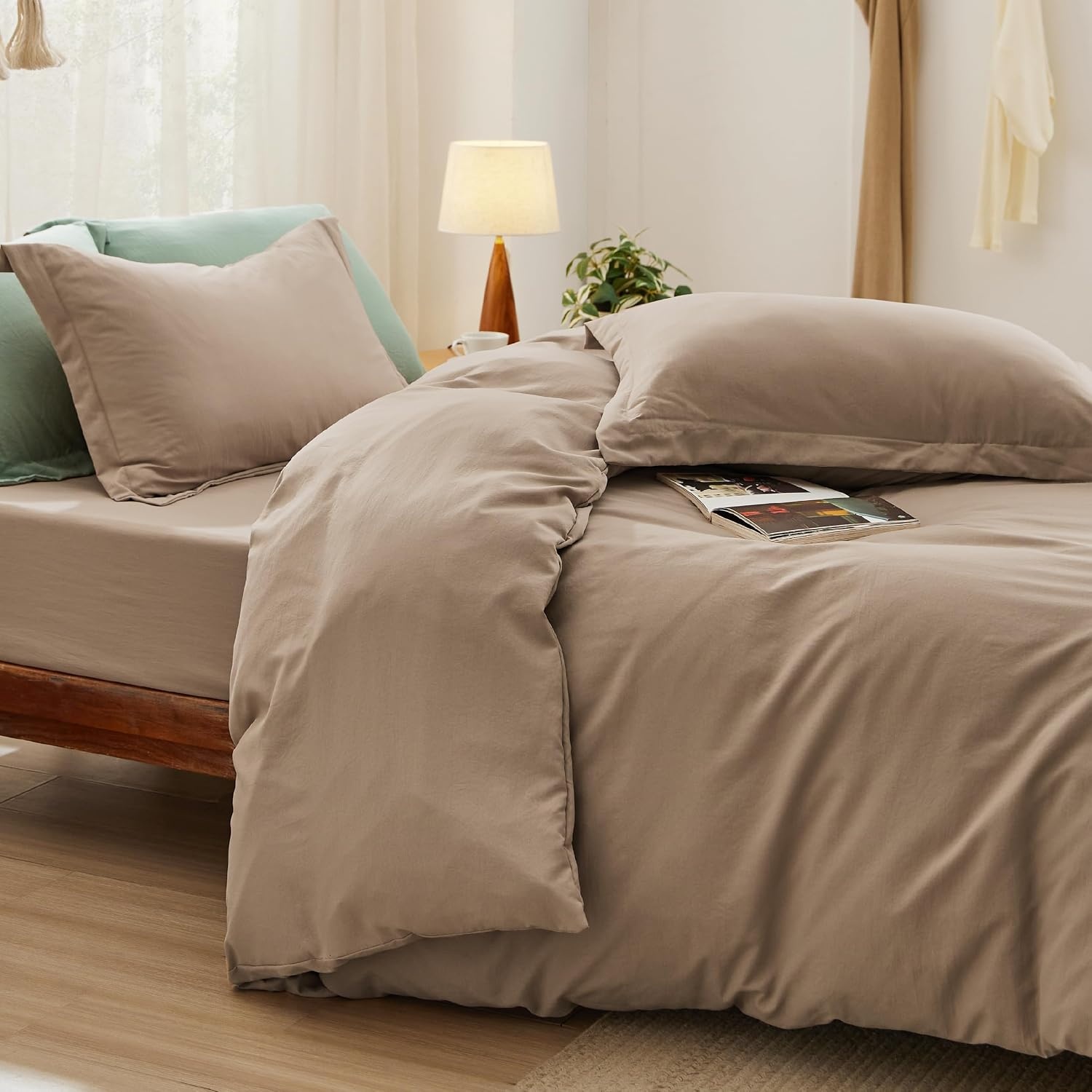 image:imageBedsure White Duvet Cover Queen Size 3 Pieces Prewashed CottonLike Polyester Extra Soft Bedding Set Includes 1 Duvet Cover 90x90 Inches with Zipper Closure amp 2 Pillow Shams Comforter Not Included02 Light Brown No Comforter