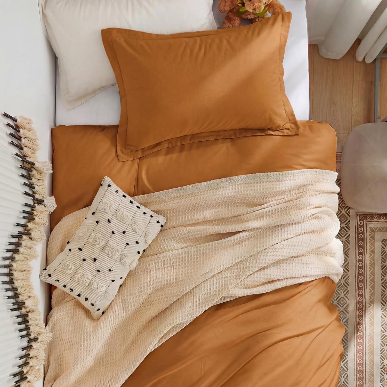 image:imageBedsure White Duvet Cover Queen Size 3 Pieces Prewashed CottonLike Polyester Extra Soft Bedding Set Includes 1 Duvet Cover 90x90 Inches with Zipper Closure amp 2 Pillow Shams Comforter Not Included08 Gold No Comforter