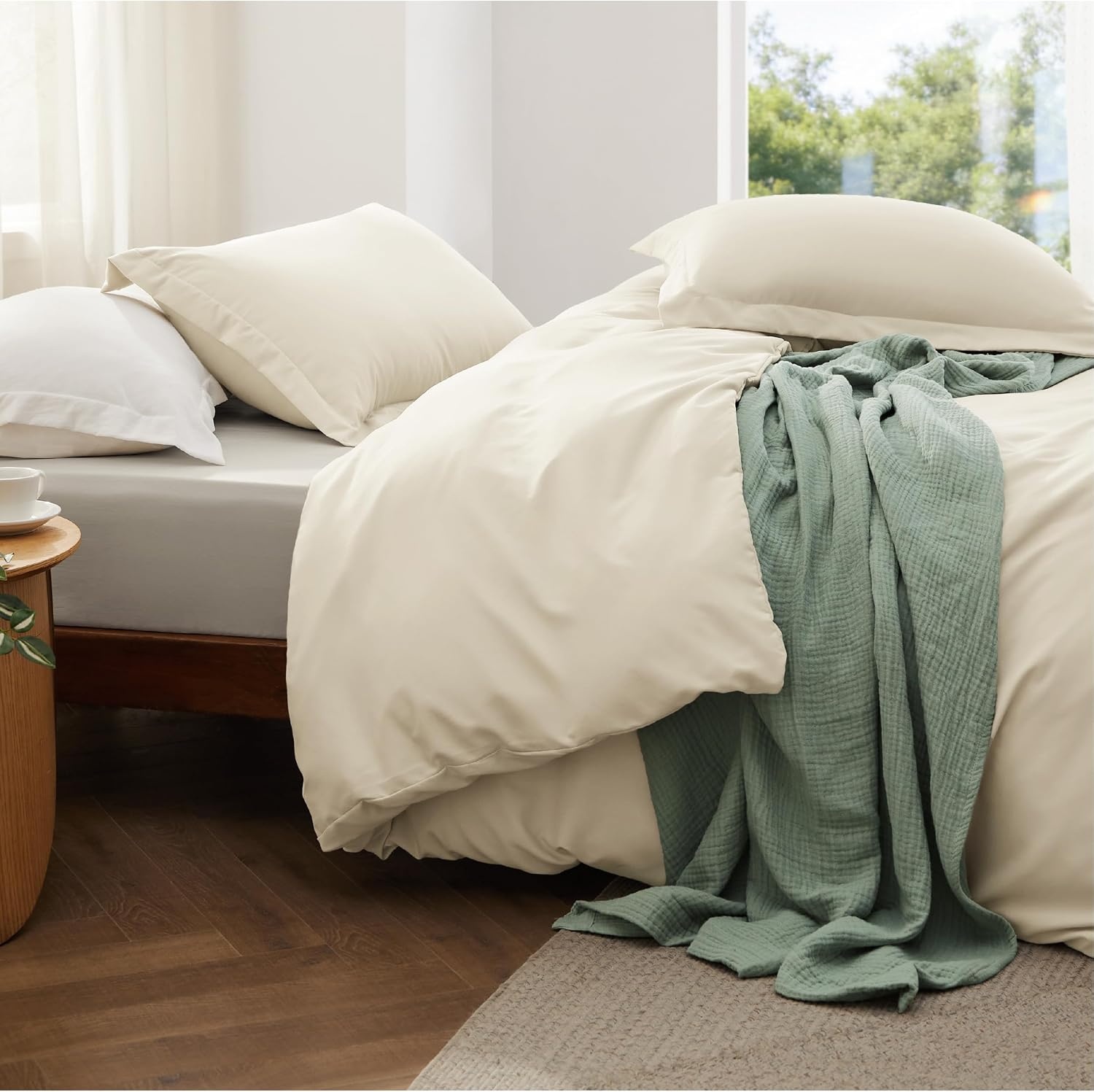 image:imageBedsure White Duvet Cover Queen Size 3 Pieces Prewashed CottonLike Polyester Extra Soft Bedding Set Includes 1 Duvet Cover 90x90 Inches with Zipper Closure amp 2 Pillow Shams Comforter Not Included02 Cream No Comforter