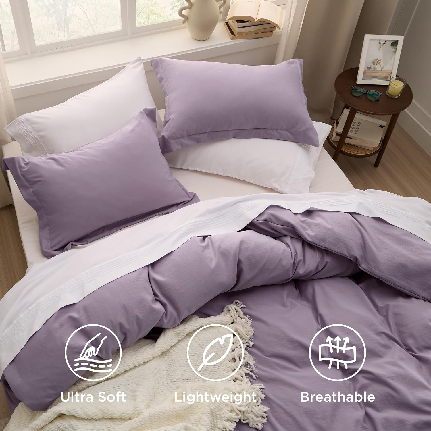 image:imageBedsure White Duvet Cover Queen Size 3 Pieces Prewashed CottonLike Polyester Extra Soft Bedding Set Includes 1 Duvet Cover 90x90 Inches with Zipper Closure amp 2 Pillow Shams Comforter Not Included06 Dusty Purple No Comforter