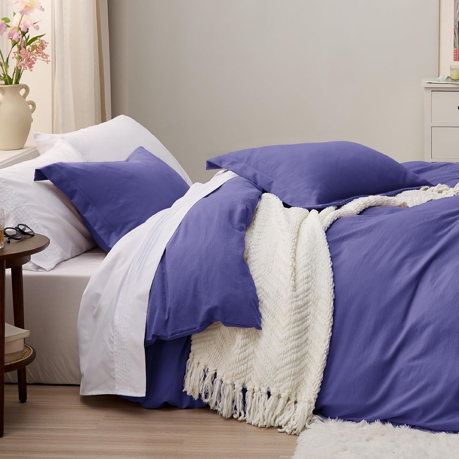 image:imageBedsure White Duvet Cover Queen Size 3 Pieces Prewashed CottonLike Polyester Extra Soft Bedding Set Includes 1 Duvet Cover 90x90 Inches with Zipper Closure amp 2 Pillow Shams Comforter Not Included01 Skipper Blue No Comforter