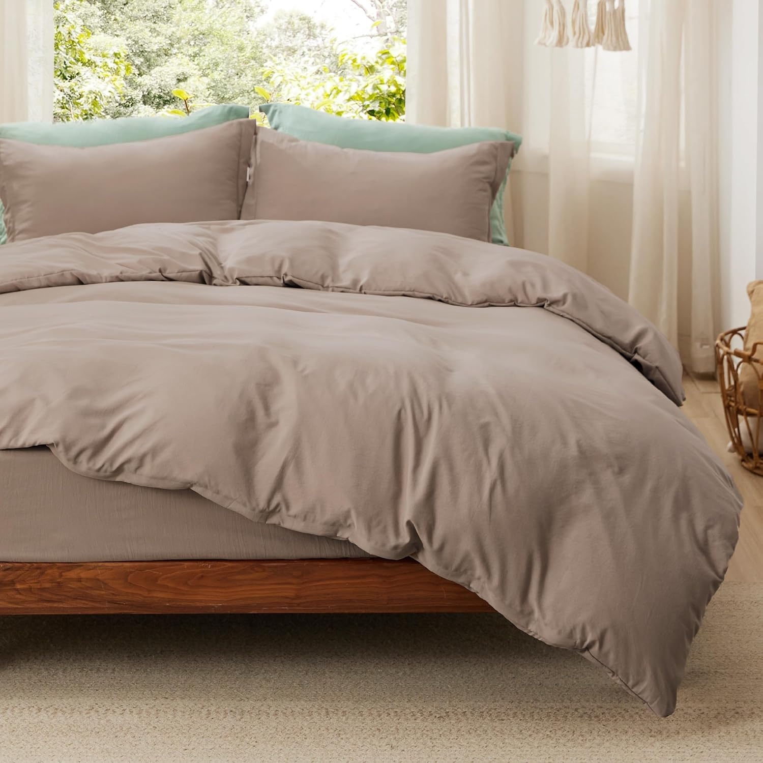 image:imageBedsure White Duvet Cover Queen Size 3 Pieces Prewashed CottonLike Polyester Extra Soft Bedding Set Includes 1 Duvet Cover 90x90 Inches with Zipper Closure amp 2 Pillow Shams Comforter Not Included02 Khaki No Comforter
