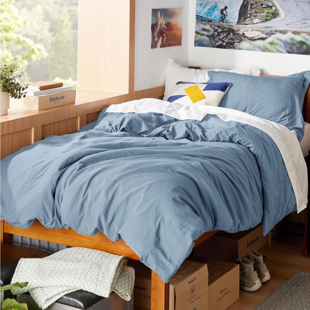 image:imageBedsure White Duvet Cover Queen Size 3 Pieces Prewashed CottonLike Polyester Extra Soft Bedding Set Includes 1 Duvet Cover 90x90 Inches with Zipper Closure amp 2 Pillow Shams Comforter Not Included05 Dusty Blue No Comforter