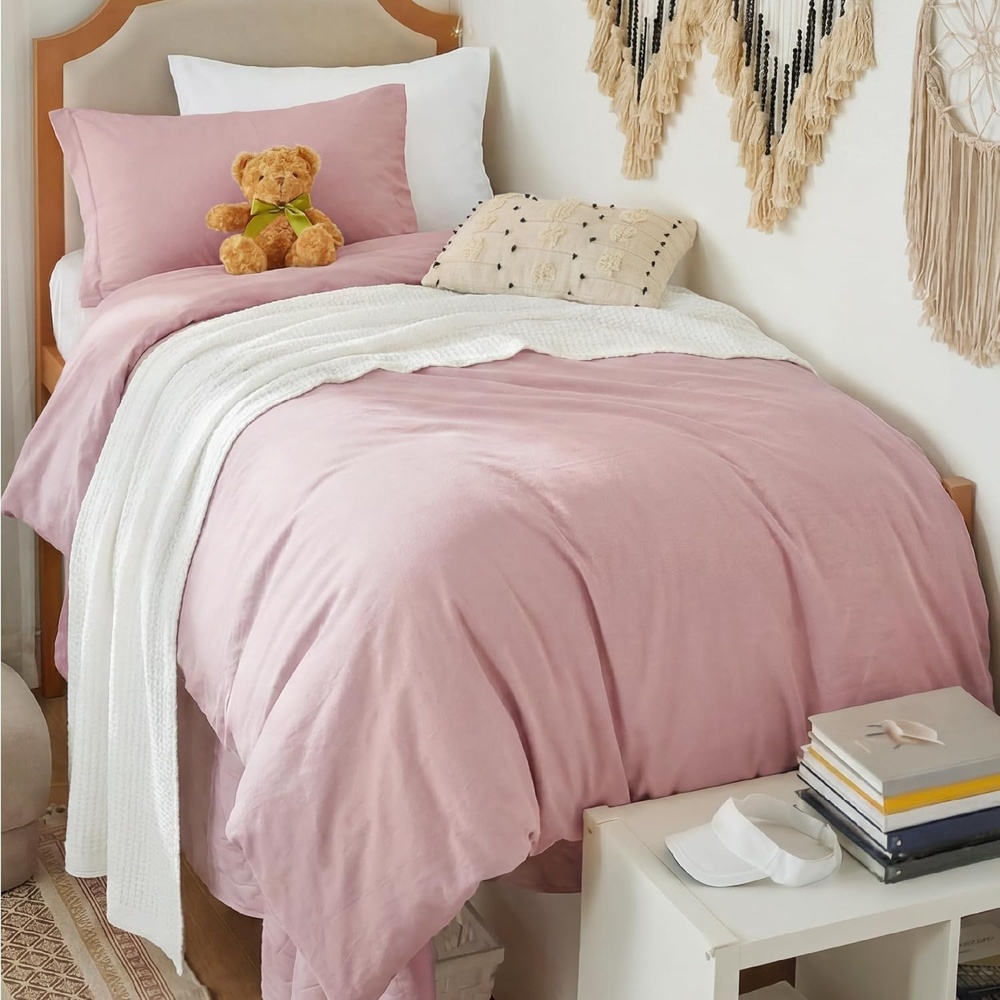 image:imageBedsure White Duvet Cover Queen Size 3 Pieces Prewashed CottonLike Polyester Extra Soft Bedding Set Includes 1 Duvet Cover 90x90 Inches with Zipper Closure amp 2 Pillow Shams Comforter Not Included09 Pink No Comforter