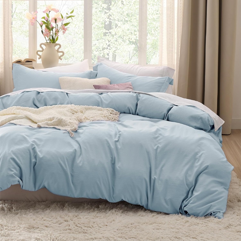 image:imageBedsure White Duvet Cover Queen Size  3 Pieces Prewashed CottonLike Polyester Extra Soft Bedding Set Includes 1 Duvet Cover 90x90 Inches with Zipper Closure amp 2 Pillow Shams Comforter Not Included20  Sky Blue No Comforter