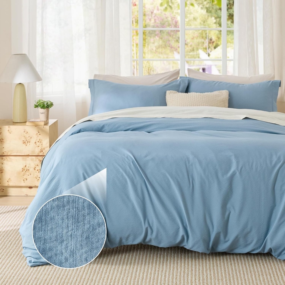 image:imageBedsure White Duvet Cover Queen Size  3 Pieces Prewashed CottonLike Polyester Extra Soft Bedding Set Includes 1 Duvet Cover 90x90 Inches with Zipper Closure amp 2 Pillow Shams Comforter Not Included22  Chambray Blue No Comforter