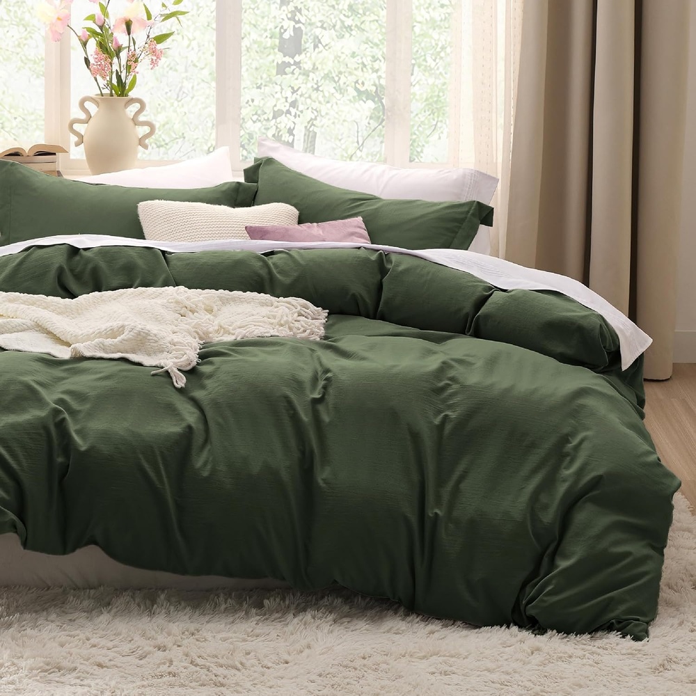 image:imageBedsure White Duvet Cover Queen Size 3 Pieces Prewashed CottonLike Polyester Extra Soft Bedding Set Includes 1 Duvet Cover 90x90 Inches with Zipper Closure amp 2 Pillow Shams Comforter Not Included03 Olive Green No Comforter