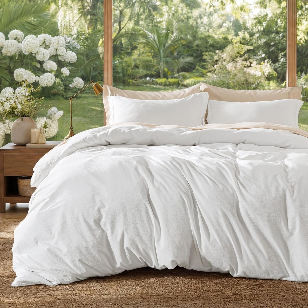 image:imageBedsure White Duvet Cover Queen Size 3 Pieces Prewashed CottonLike Polyester Extra Soft Bedding Set Includes 1 Duvet Cover 90x90 Inches with Zipper Closure amp 2 Pillow Shams Comforter Not Included19 Cream White No Comforter