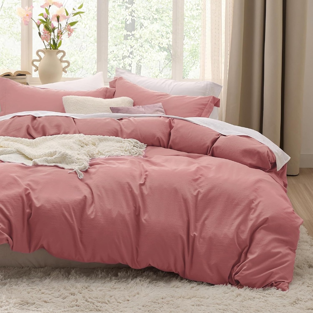image:imageBedsure White Duvet Cover Queen Size 3 Pieces Prewashed CottonLike Polyester Extra Soft Bedding Set Includes 1 Duvet Cover 90x90 Inches with Zipper Closure amp 2 Pillow Shams Comforter Not Included09 Pink Clay No Comforter