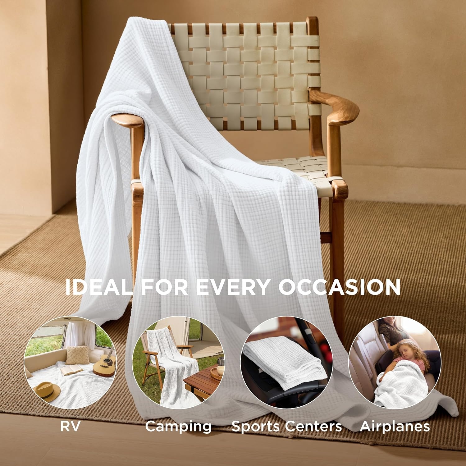 image:imageBedsure 100 Cotton Muslin Blanket Twin XL for Bed 4Layer Breathable and Lightweight Soft Gauze Muslin Blankets for Adults PureWoven Thin Summer Blanket for College Dorm Linen Beige 66x90 Inches04 White