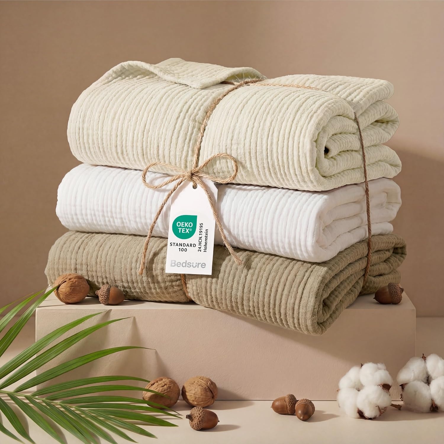 image:imageBedsure 100 Cotton Muslin Blanket Twin XL for Bed 4Layer Breathable and Lightweight Soft Gauze Muslin Blankets for Adults PureWoven Thin Summer Blanket for College Dorm Linen Beige 66x90 Inches04 White