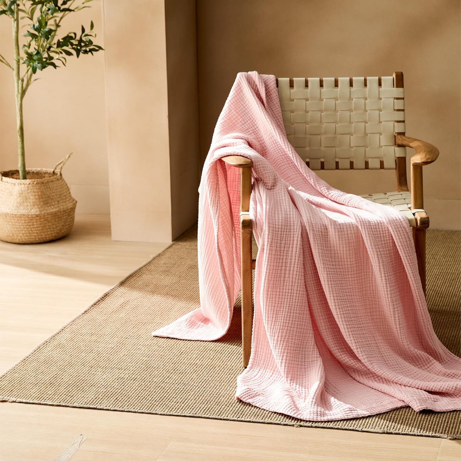 image:imageBedsure 100 Cotton Muslin Blanket Twin XL for Bed 4Layer Breathable and Lightweight Soft Gauze Muslin Blankets for Adults PureWoven Thin Summer Blanket for College Dorm Linen Beige 66x90 Inches05 Pink