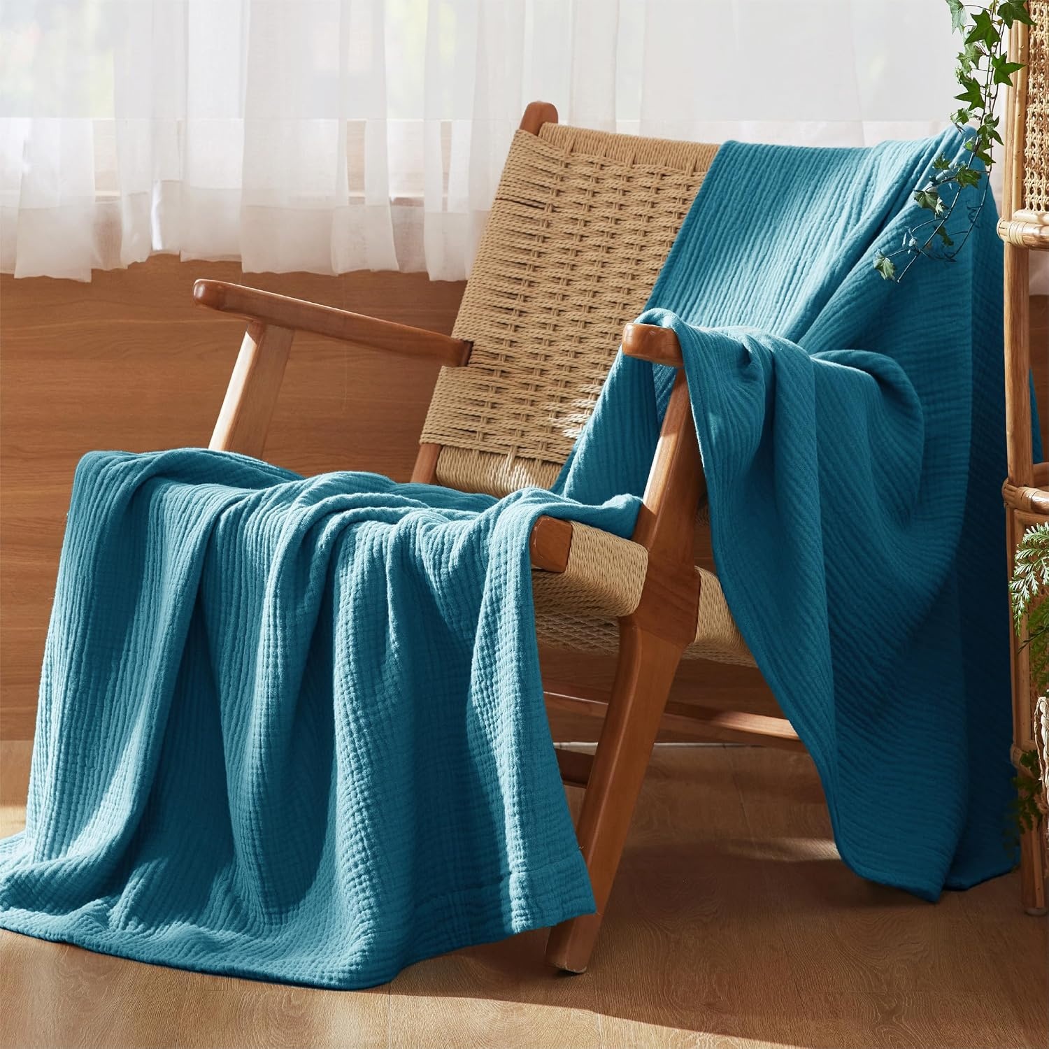 image:imageBedsure 100 Cotton Muslin Blanket Twin XL for Bed 4Layer Breathable and Lightweight Soft Gauze Muslin Blankets for Adults PureWoven Thin Summer Blanket for College Dorm Linen Beige 66x90 Inches01 Teal
