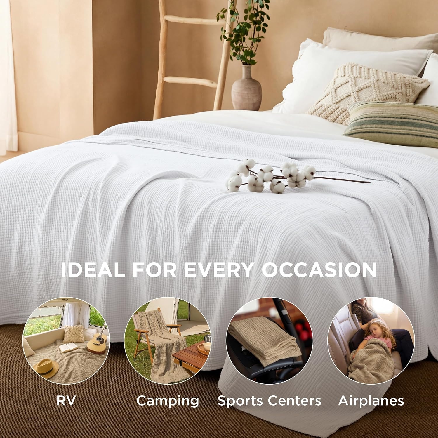 image:imageBedsure 100 Cotton Muslin Blanket Twin XL for Bed 4Layer Breathable and Lightweight Soft Gauze Muslin Blankets for Adults PureWoven Thin Summer Blanket for College Dorm Linen Beige 66x90 Inches04 White