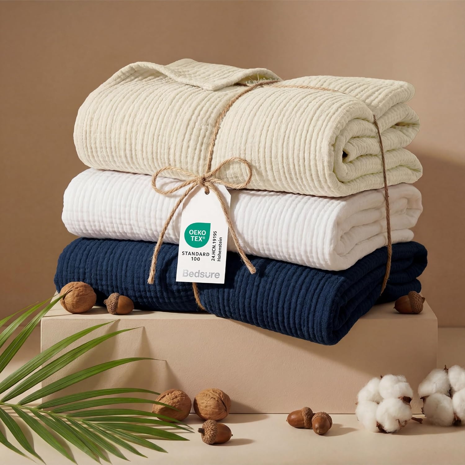 image:imageBedsure 100 Cotton Muslin Blanket Twin XL for Bed 4Layer Breathable and Lightweight Soft Gauze Muslin Blankets for Adults PureWoven Thin Summer Blanket for College Dorm Linen Beige 66x90 Inches08 Navy Blue