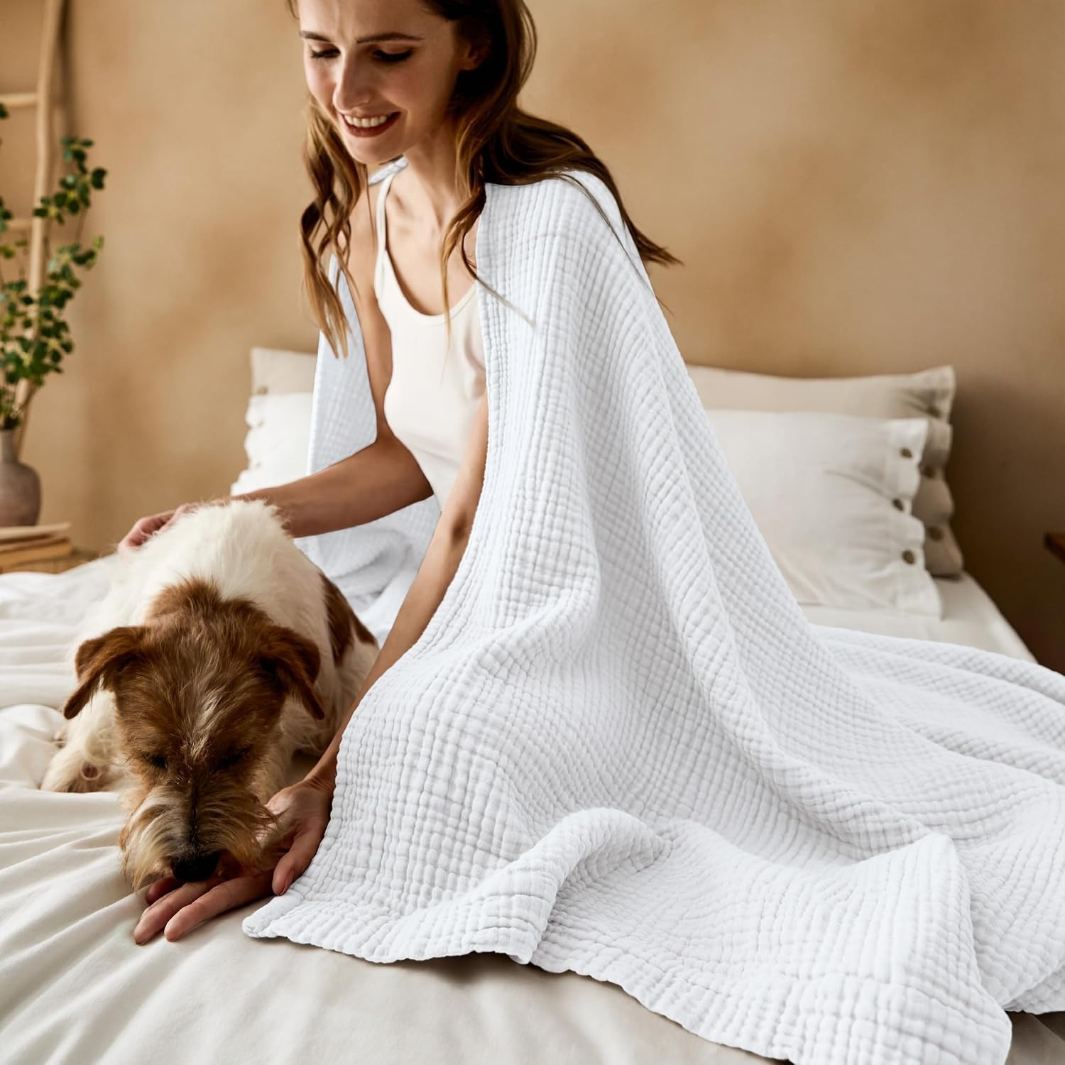 image:imageBedsure 100 Cotton Muslin Blanket Twin XL for Bed 4Layer Breathable and Lightweight Soft Gauze Muslin Blankets for Adults PureWoven Thin Summer Blanket for College Dorm Linen Beige 66x90 Inches04 White