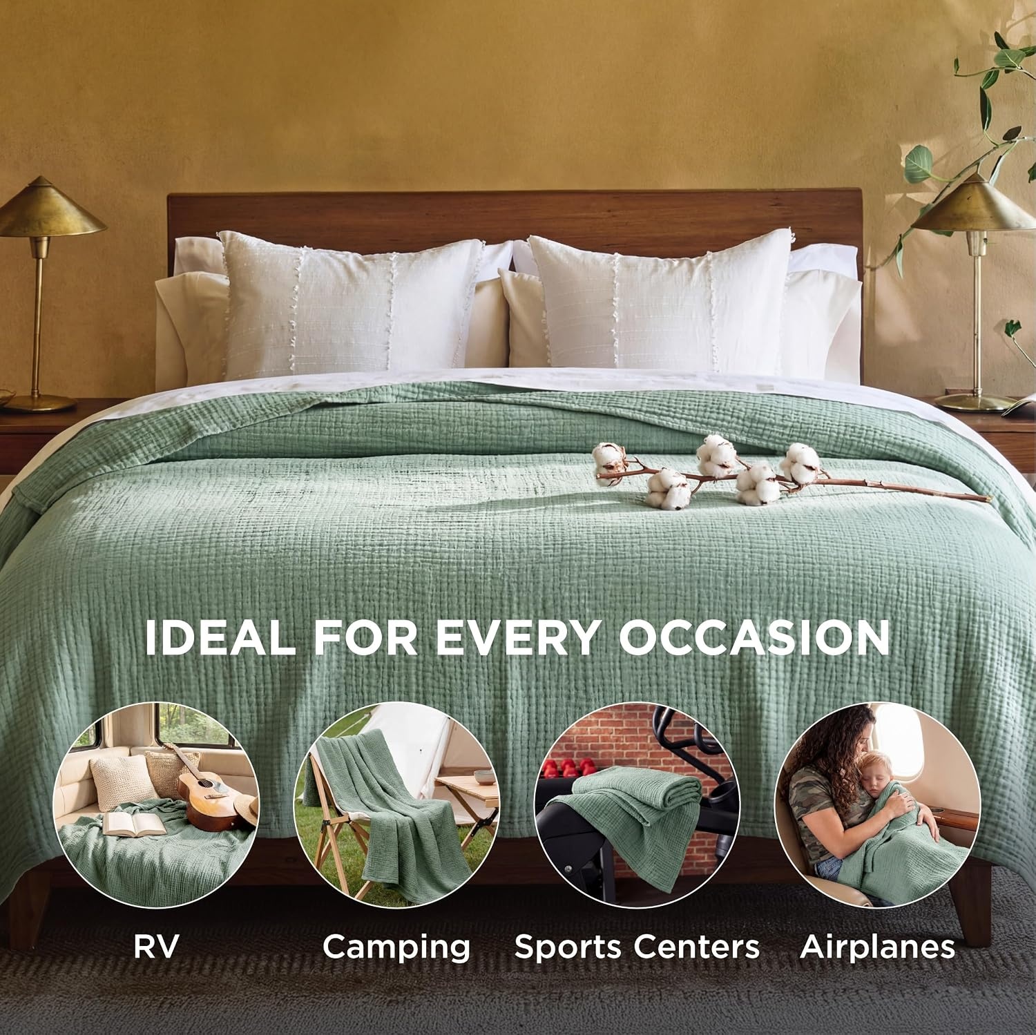 image:imageBedsure 100 Cotton Muslin Blanket Twin XL for Bed 4Layer Breathable and Lightweight Soft Gauze Muslin Blankets for Adults PureWoven Thin Summer Blanket for College Dorm Linen Beige 66x90 Inches03 Sage Green