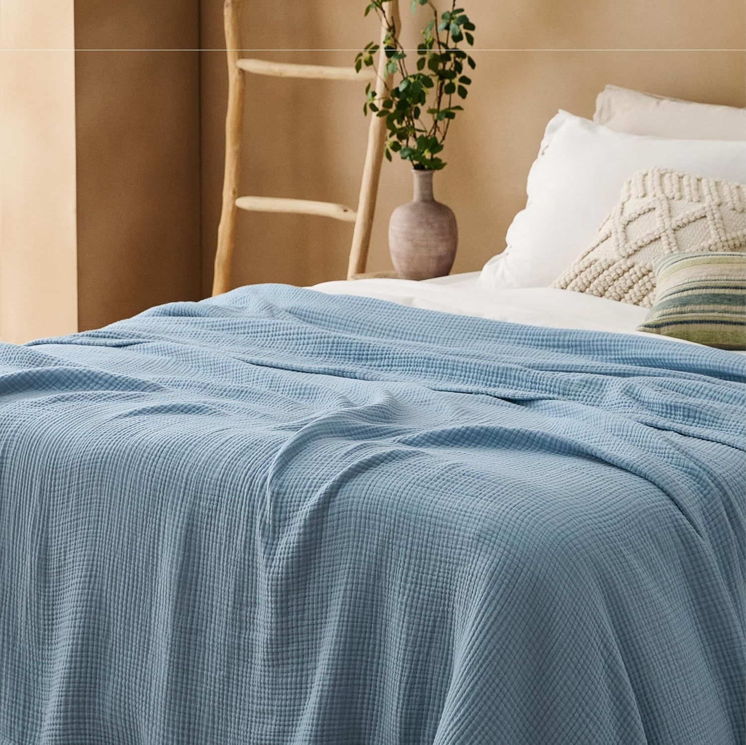 image:imageBedsure 100 Cotton Muslin Blanket Twin XL for Bed 4Layer Breathable and Lightweight Soft Gauze Muslin Blankets for Adults PureWoven Thin Summer Blanket for College Dorm Linen Beige 66x90 Inches07 Blue