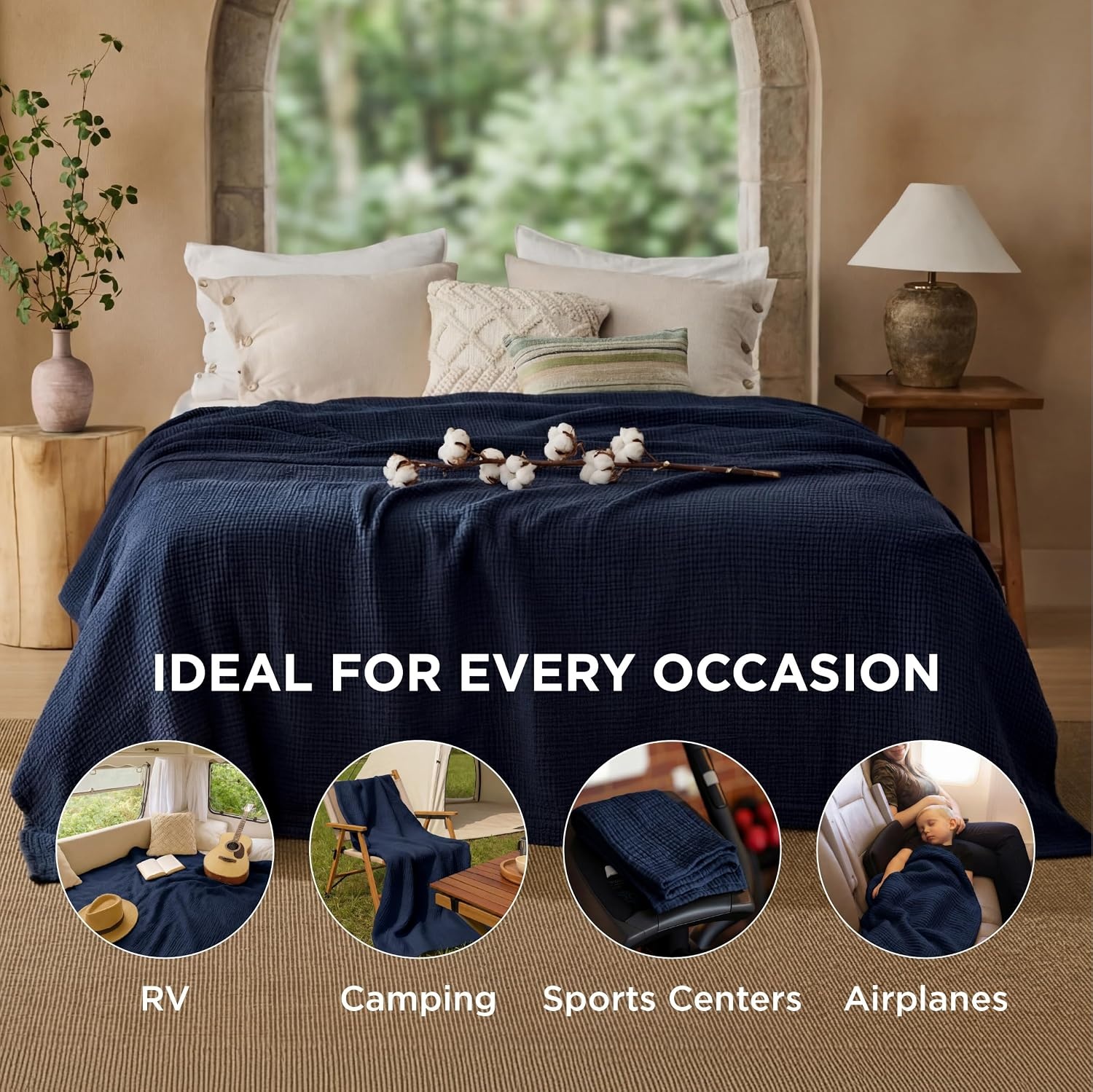 image:imageBedsure 100 Cotton Muslin Blanket Twin XL for Bed 4Layer Breathable and Lightweight Soft Gauze Muslin Blankets for Adults PureWoven Thin Summer Blanket for College Dorm Linen Beige 66x90 Inches08 Navy Blue