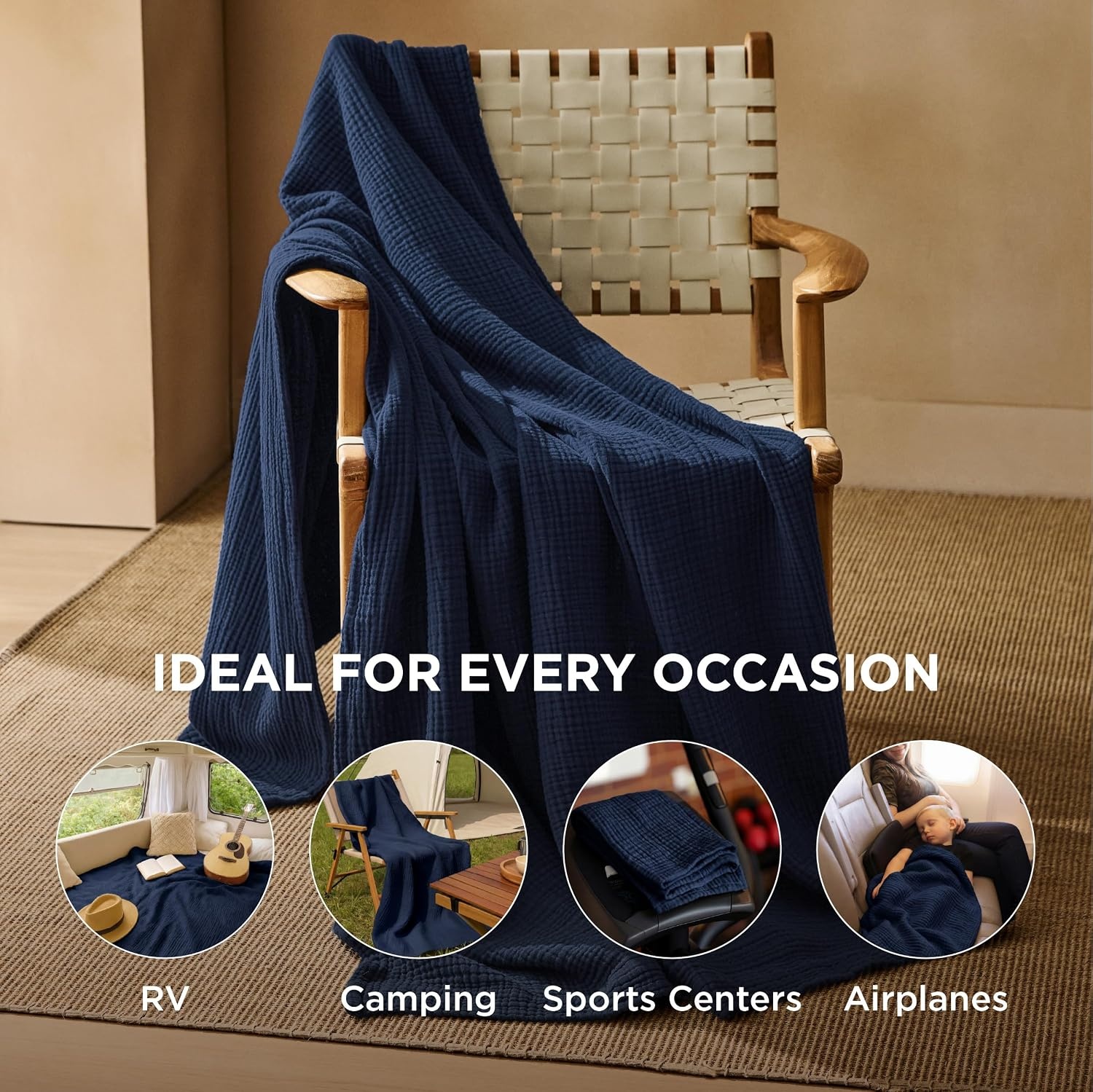 image:imageBedsure 100 Cotton Muslin Blanket Twin XL for Bed 4Layer Breathable and Lightweight Soft Gauze Muslin Blankets for Adults PureWoven Thin Summer Blanket for College Dorm Linen Beige 66x90 Inches08 Navy Blue
