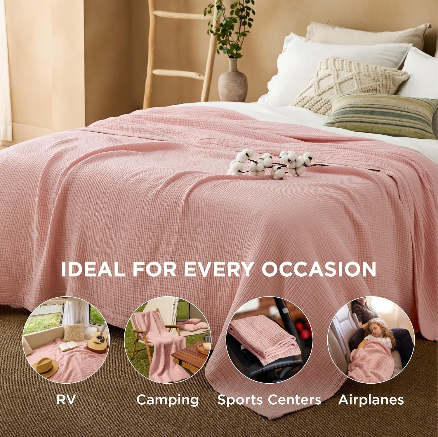 image:imageBedsure 100 Cotton Muslin Blanket Twin XL for Bed 4Layer Breathable and Lightweight Soft Gauze Muslin Blankets for Adults PureWoven Thin Summer Blanket for College Dorm Linen Beige 66x90 Inches05 Pink