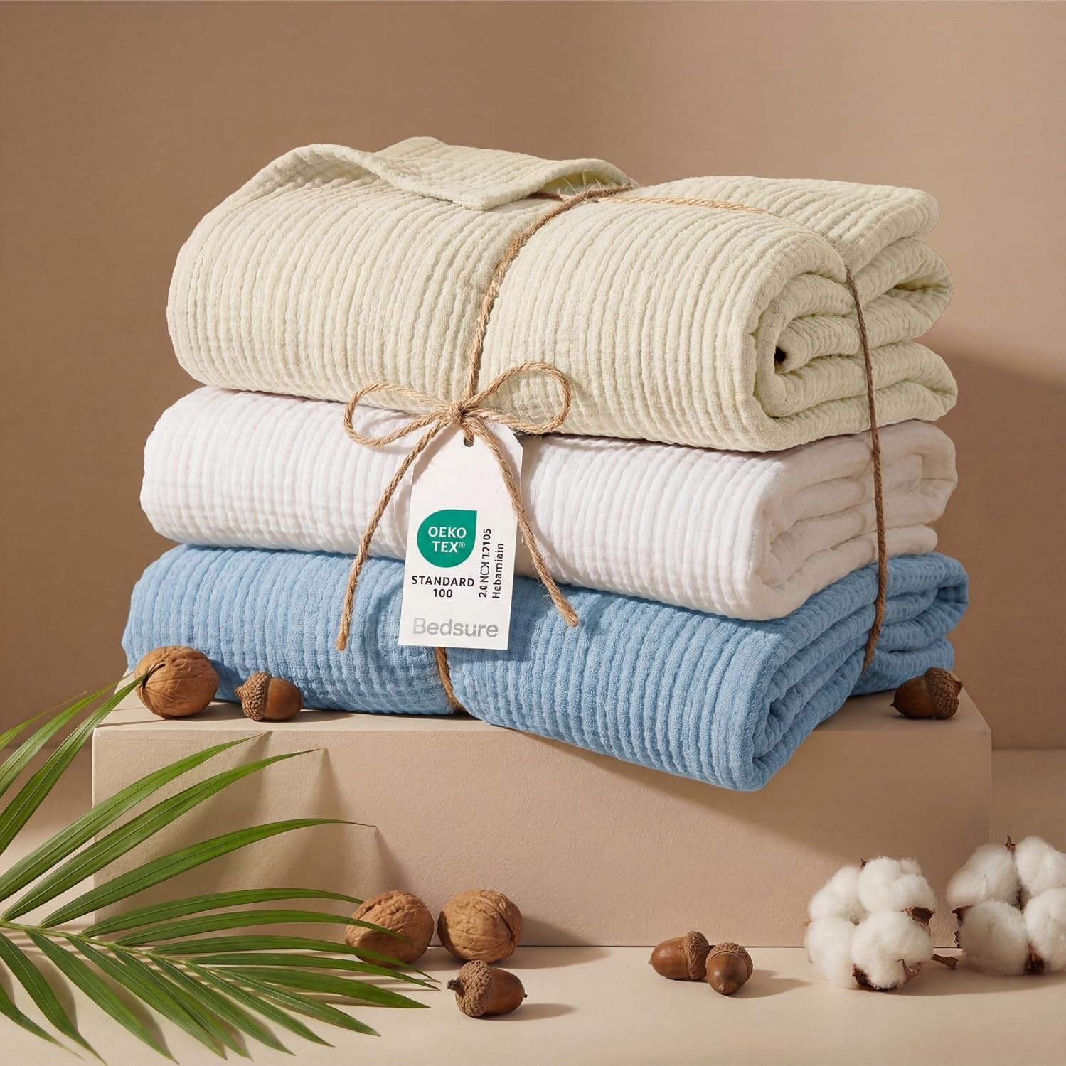 image:imageBedsure 100 Cotton Muslin Blanket Twin XL for Bed 4Layer Breathable and Lightweight Soft Gauze Muslin Blankets for Adults PureWoven Thin Summer Blanket for College Dorm Linen Beige 66x90 Inches07 Blue